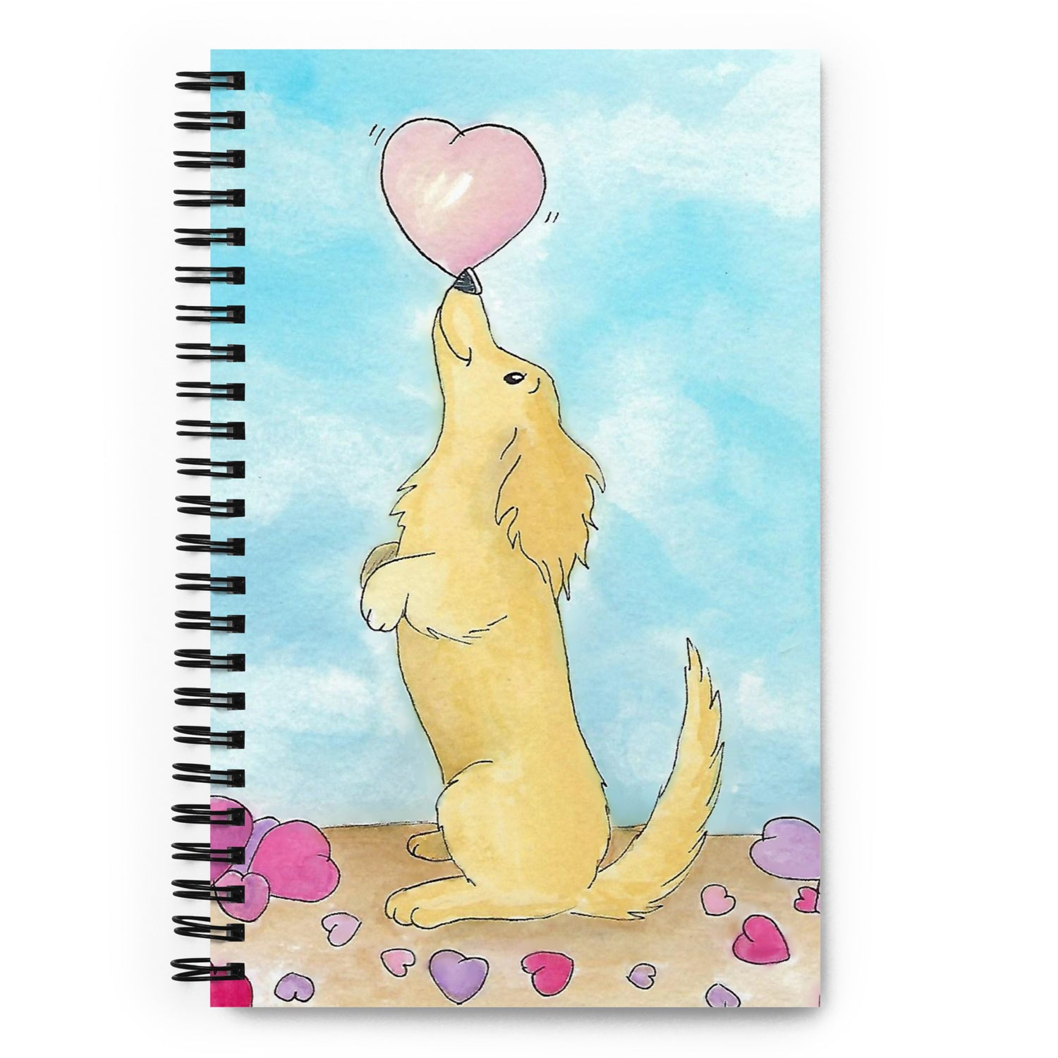 Spiral bound notebook with soft touch cover and 140 dotted pages. Cover features watercolor painting of a puppy balancing a heart on his nose. Measures 5.5 inches by 8.5 inches.