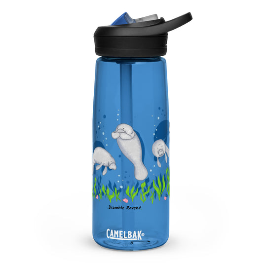 25 ounce sports water bottle with spill proof lid and bite valve. Dark blue stain and odor-resistant BPA-free plastic with manatee designs around the bottle, swimming above the seaweed and shells.