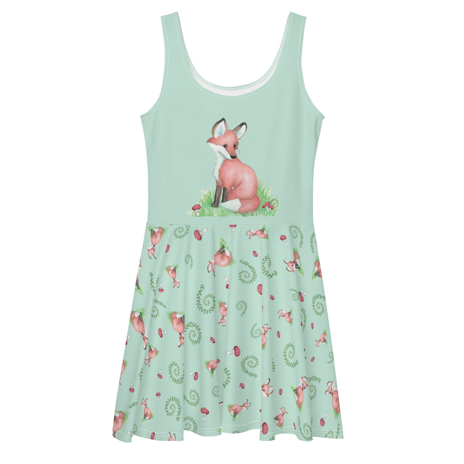 Sleeveless skater dress featuring watercolor foxes, mushrooms, and ferns on a light green fabric. Mid-thigh length flared skirt with a fitted elastic waist.