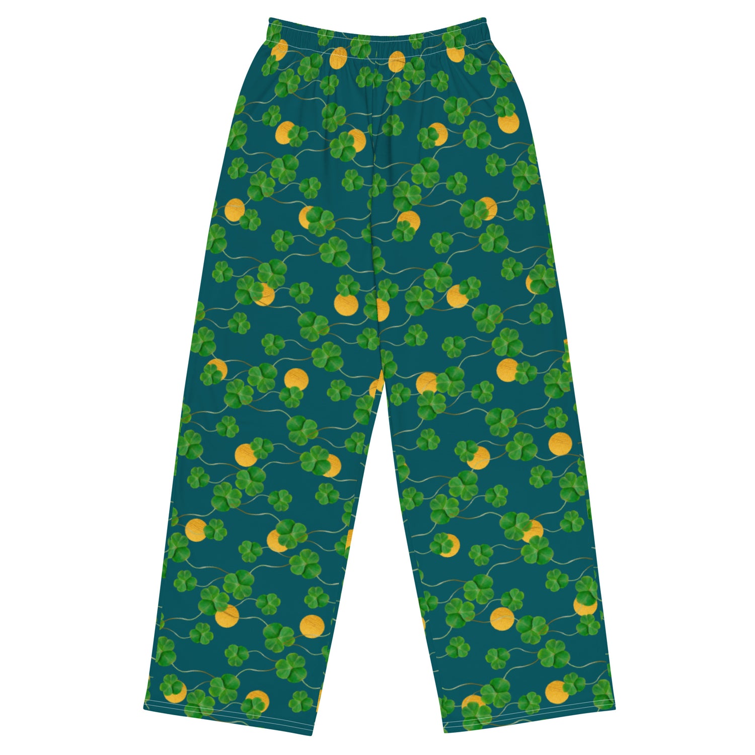 Unisex wide leg pants with side pockets, elastic waistband and drawstring.  Design features pattern of three-leaf clover and lucky gold coins on a blue-green background. 