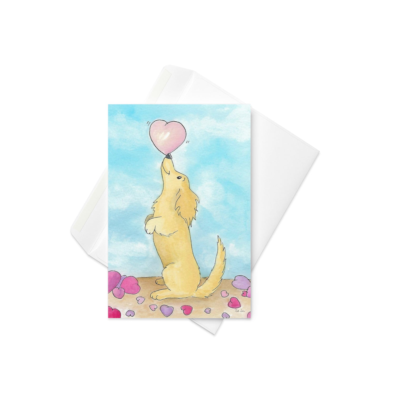 4 x 6 inch greeting card with white envelope. Blank inside. Features Puppy Love watercolor print on front. Cute dog balancing a heart on its nose.