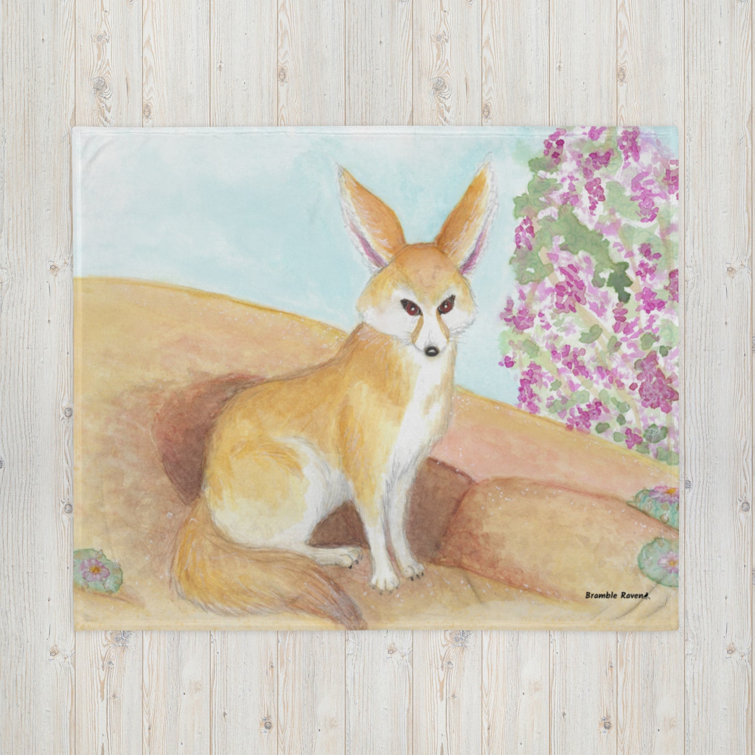 50 by 60 inch throw blanket featuring an original watercolor painting of a fennec fox in the desert.