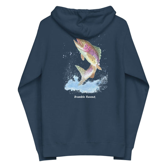 Unisex navy blue colored fleece-lined zip-up hoodie. Features original watercolor painting of a rainbow trout leaping from the water on the back of the hoodie.