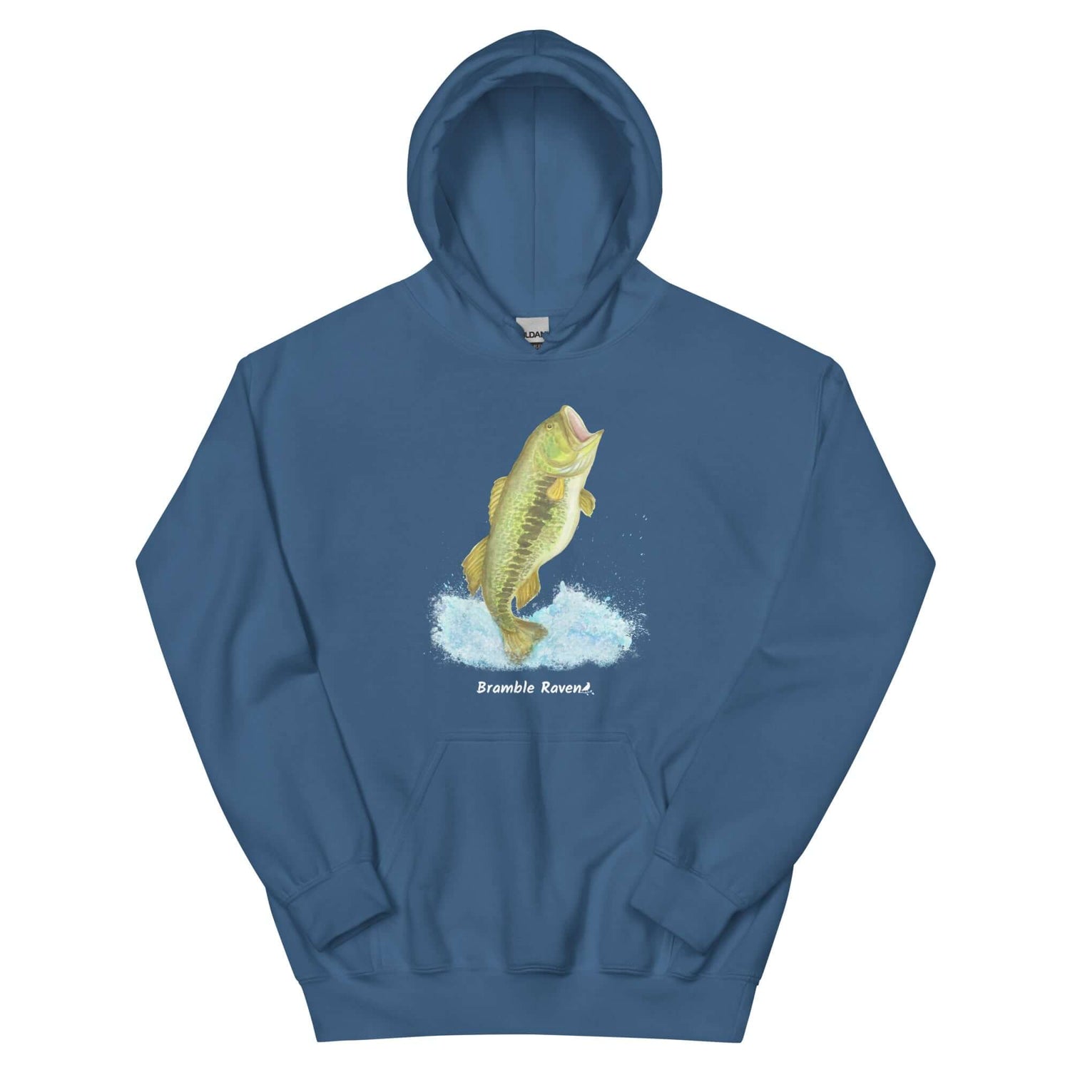 Unisex heavy blend indigo blue colored hoodie. Features original watercolor painting of a largemouth bass leaping from the water on the front.