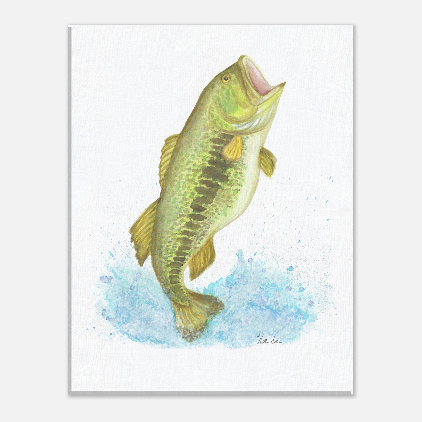 8 by 10 inch slim canvas wall art print featuring a watercolor painting of a largemouth bass leaping from the water. Hanging hardware included.