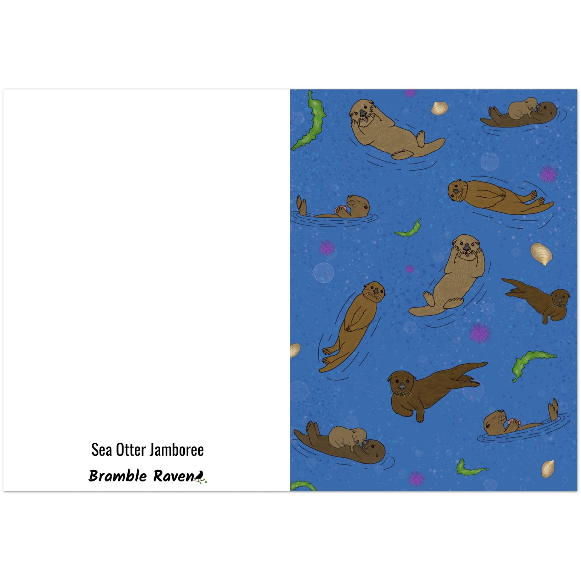 Pack of ten 5.5 x 8.5 inch greeting cards. Features illustrated sea otters on the front. Inside is blank. Made of coated paperboard. Comes with envelopes.