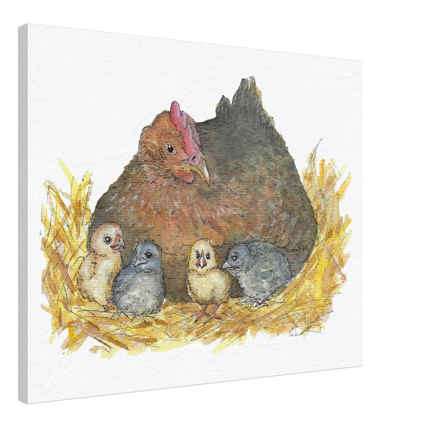 8 by 8 inch slim canvas Mother Hen print. Features a watercolor mother hen and her four chicks in a nest. Shown at an angle.
