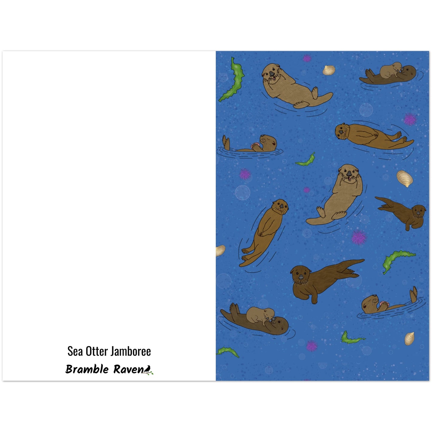 Pack of ten 5 x 7 inch greeting cards. Features illustrated sea otters on the front. Inside is blank. Made of coated paperboard. Comes with envelopes.