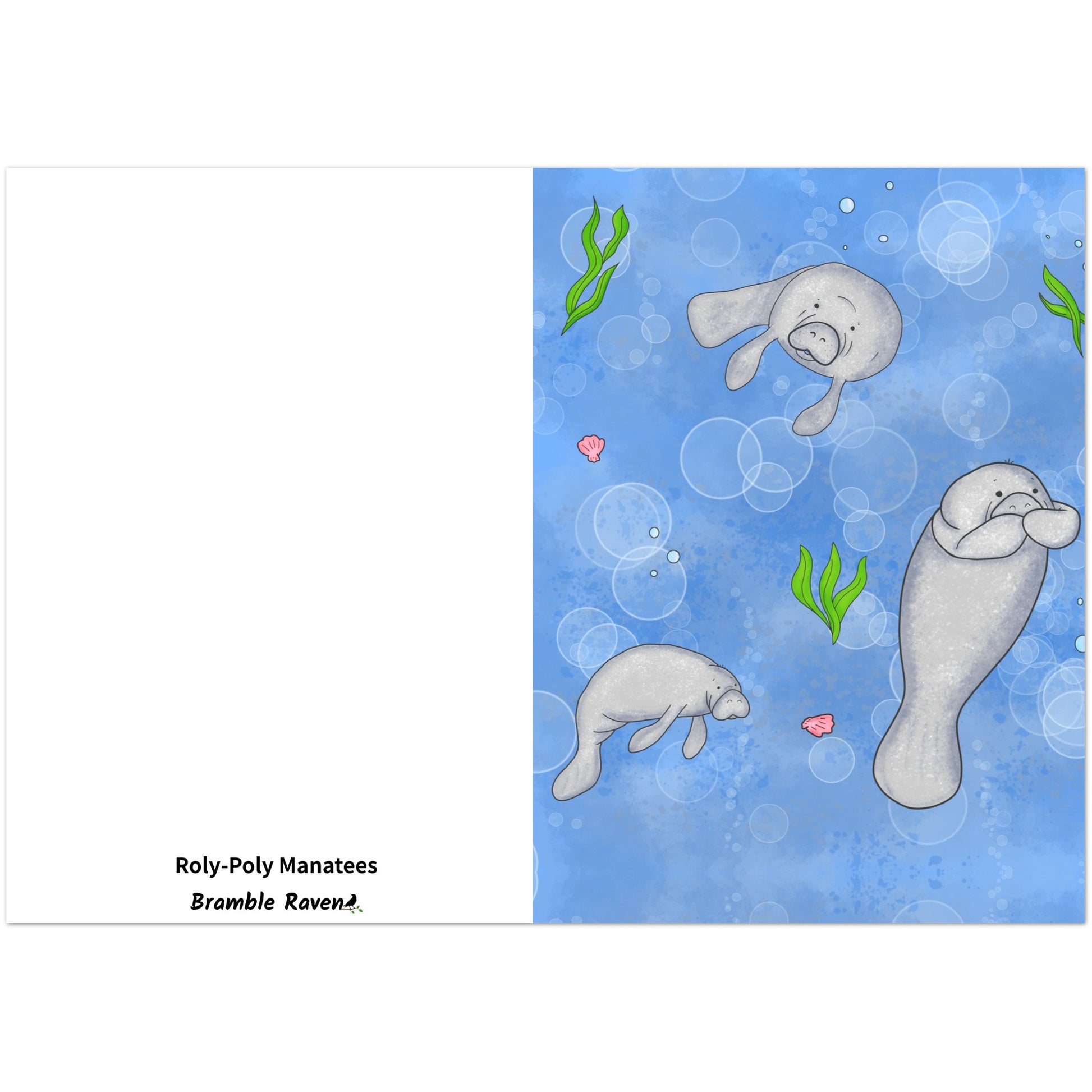 Pack of ten 5 x 7 inch greeting cards. Features illustrated roly-poly manatees on the front. Inside is blank. Made of coated paperboard. Comes with envelopes.
