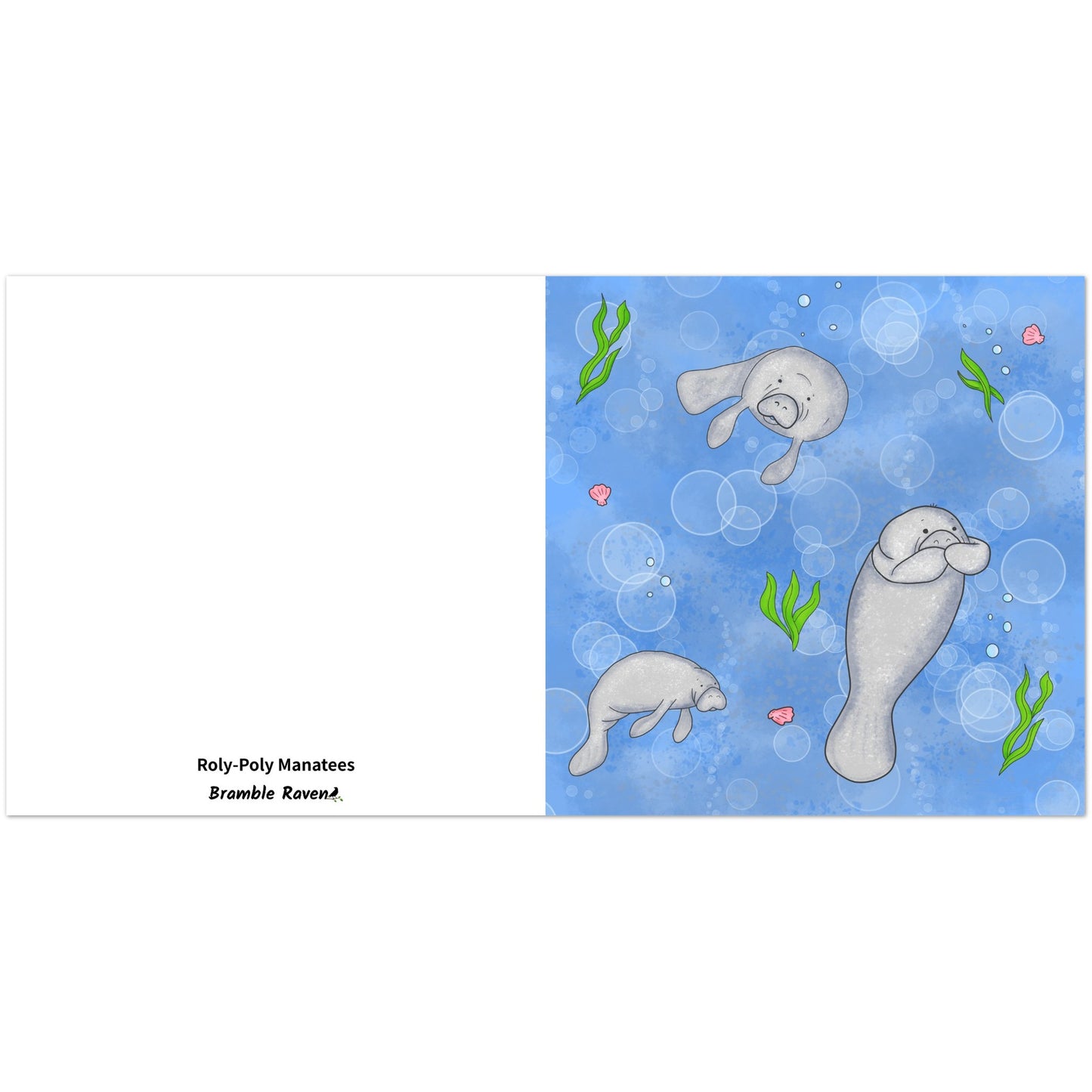 Pack of ten 5.25 x 5.25 inch greeting cards. Features illustrated roly-poly manatees on the front. Inside is blank. Made of coated paperboard. Comes with envelopes.