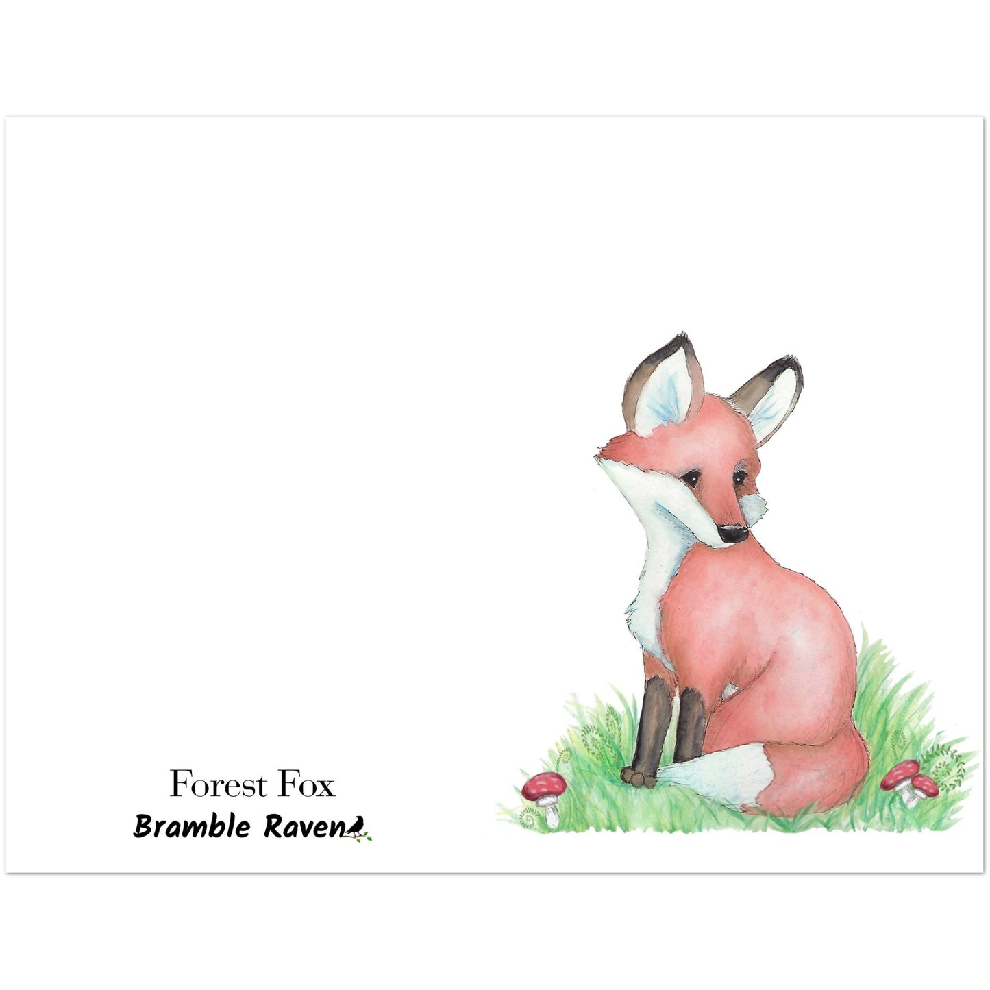 Pack of ten 5.5 x 8.5 inch greeting cards with envelopes. Front of card has watercolor fox nestled in the grass by mushrooms and ferns. Inside is blank. Cards are 130 lb 350 gsm coated paperboard with vibrant printing.  