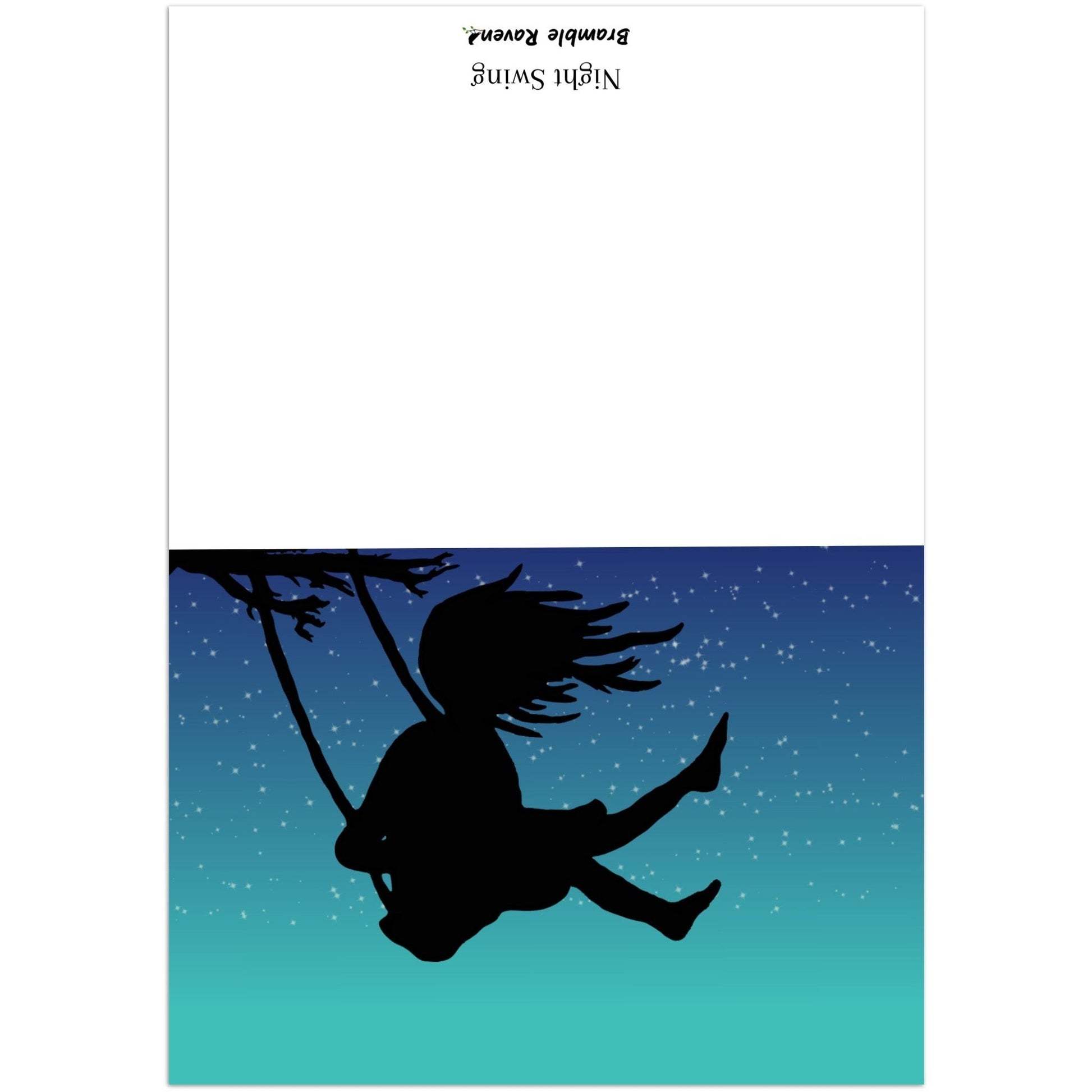 Pack of ten 5 by 7 inch Night Swing greeting cards and envelopes. Front shows silhouette of a girl in a tree swing against a starry summer night sky. Inside is blank. 