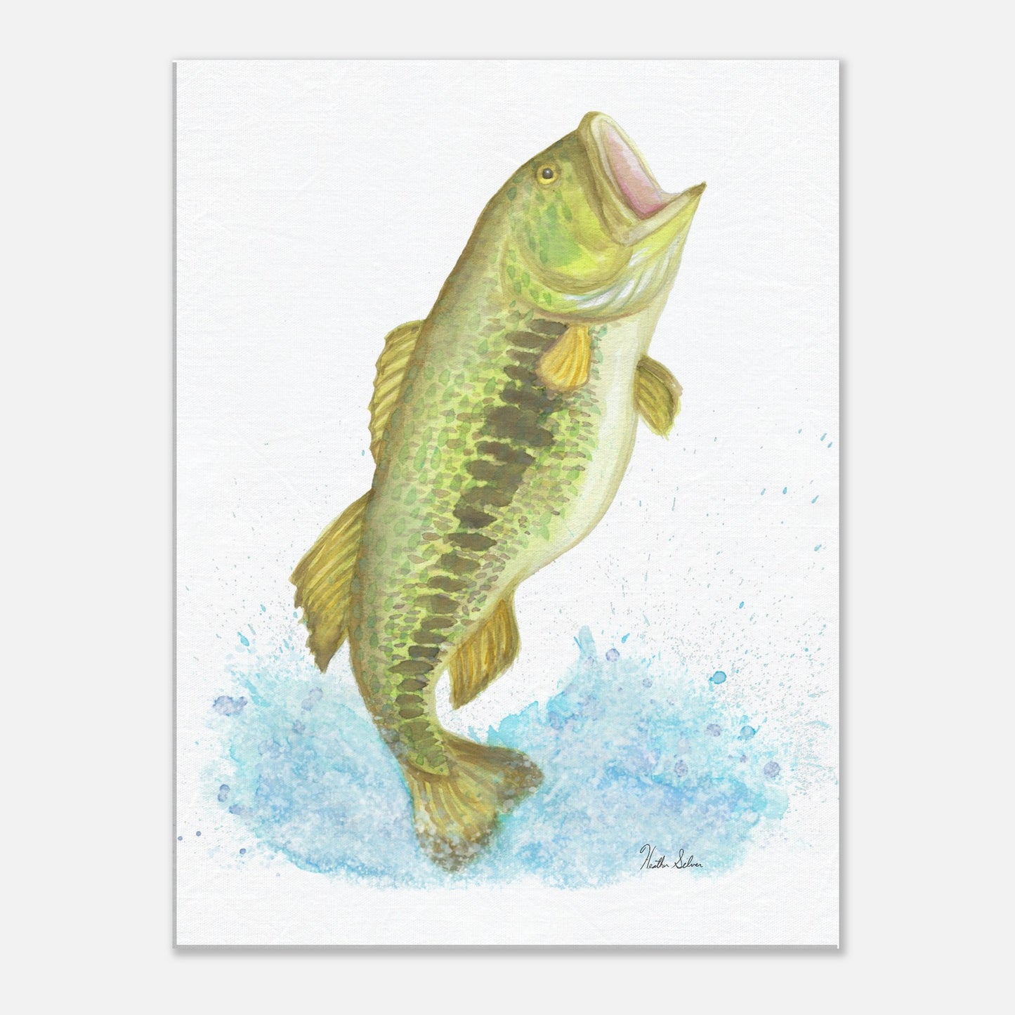 24 by 32 inch slim canvas wall art print featuring a watercolor painting of a largemouth bass leaping from the water. Hanging hardware included.