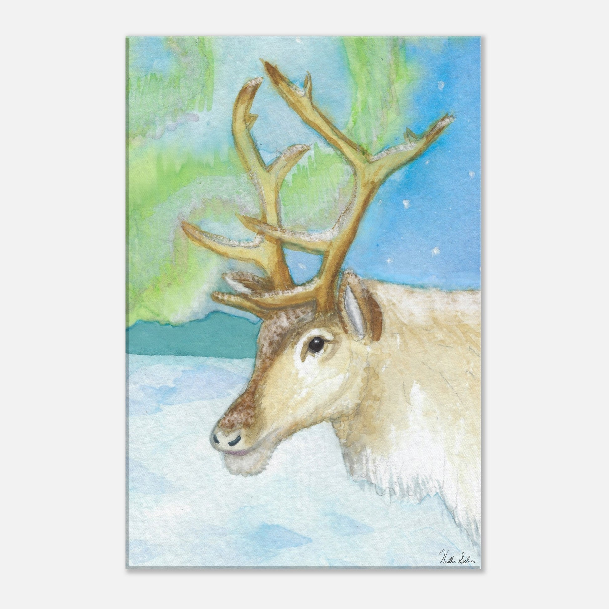 16 by 24 inch slim canvas print of Heather Silver's watercolor painting, northern lights reindeer.