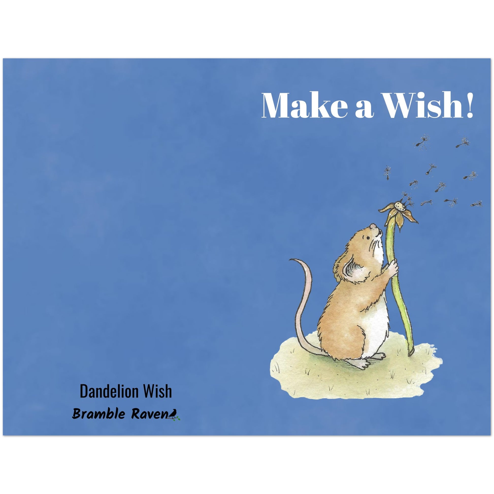 Ten fun greeting cards with envelopes. The front features white "Make a wish!" text and our watercolor dandelion wish mouse on a blue background. Inside is blank. Made with thick 350 gsm 150lb coated paperboard with vibrant printing.  Cards measure 5.5 by 8.5 inches.