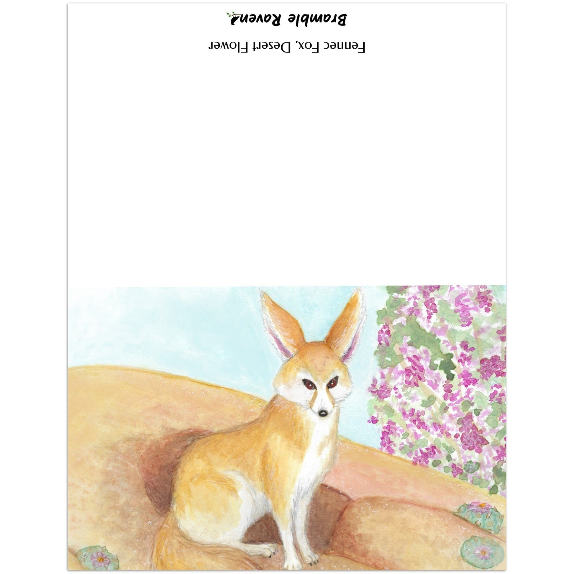 Pack of ten 5.5 x 8.5 inch greeting cards. Features watercolor print of fennec fox near it's den in the desert by a jacaranda tree on the front. Inside is blank. Made of coated paperboard. Comes with envelopes.
