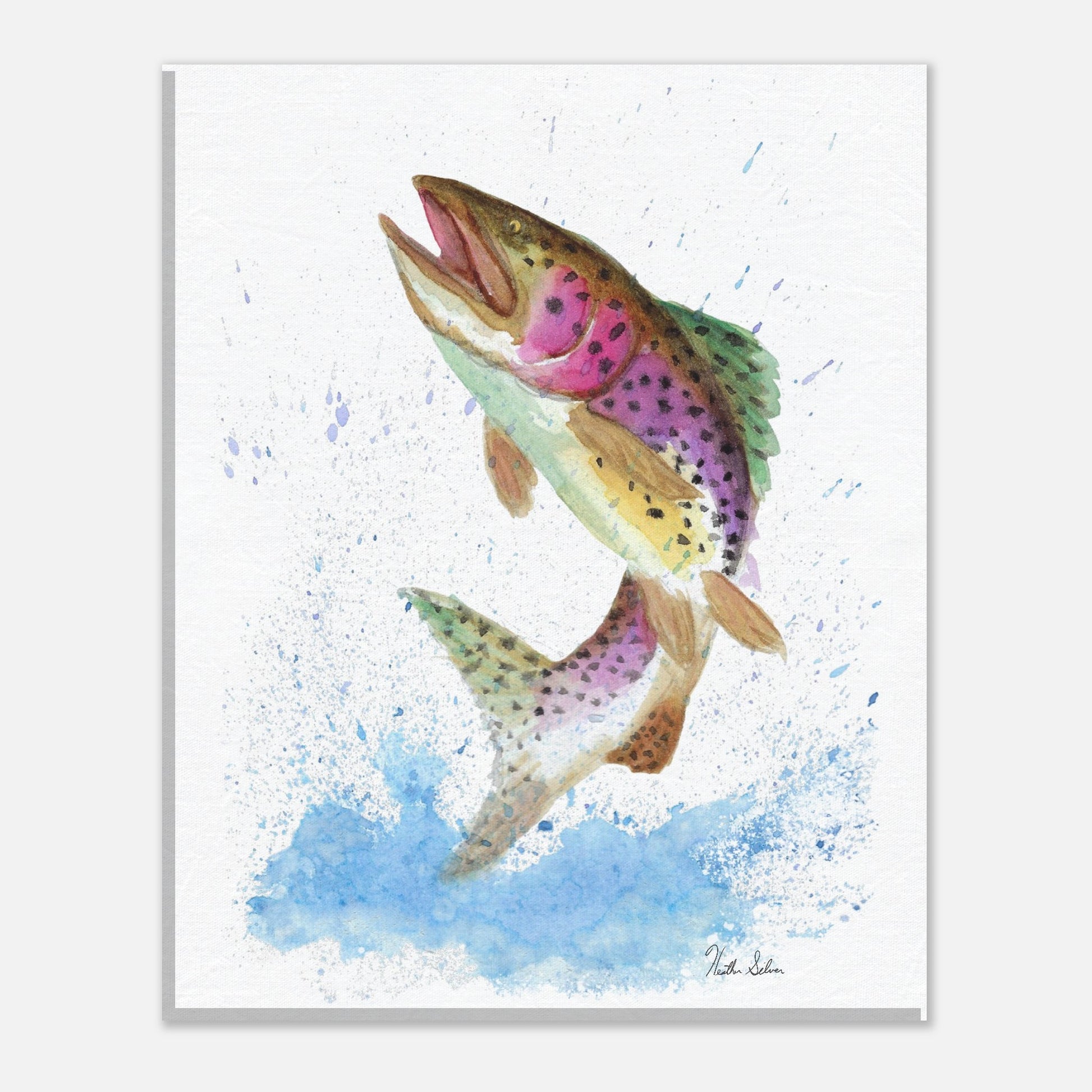 16 by 20 inch slim canvas wall art print featuring a watercolor painting of a rainbow trout leaping from the water. Hanging hardware included.
