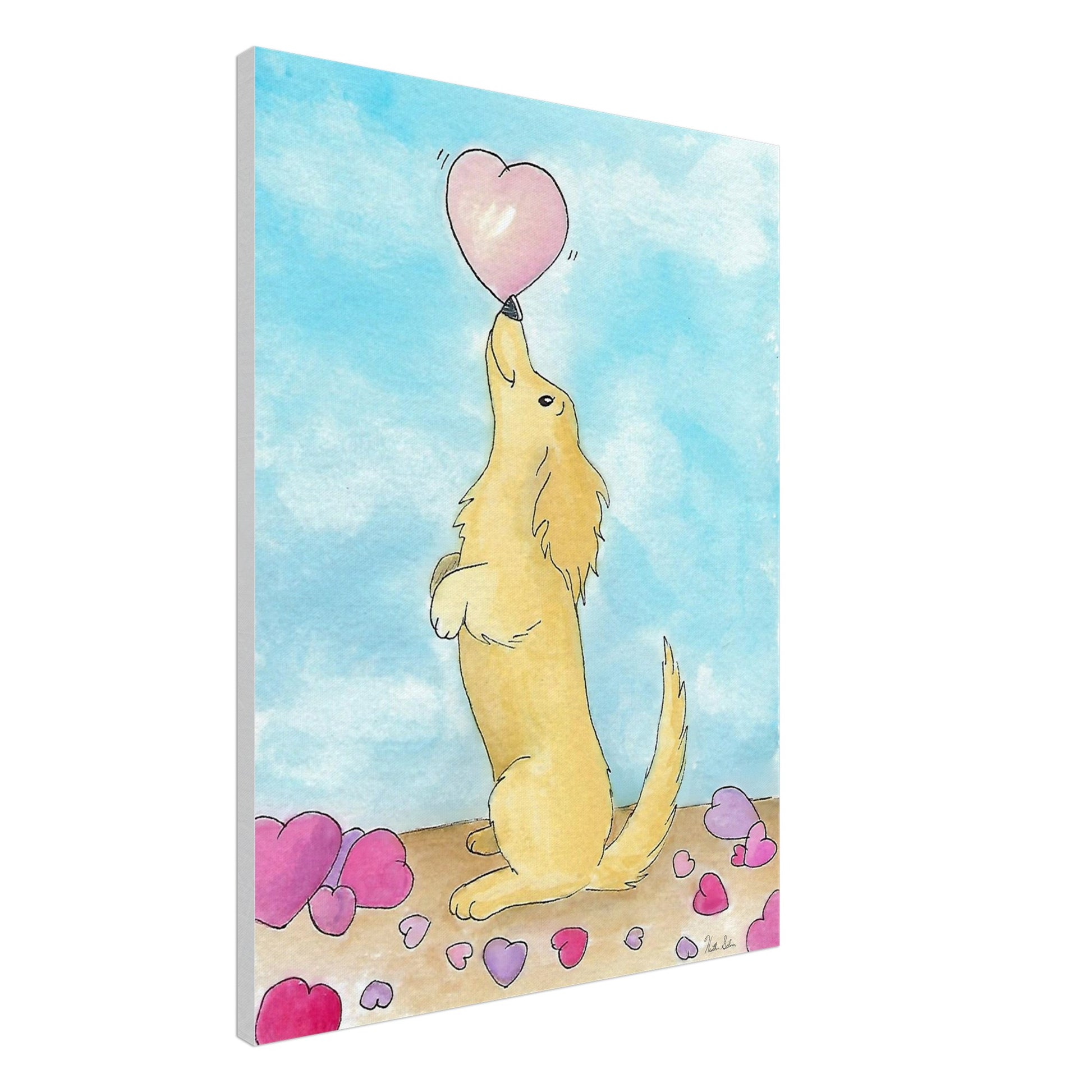 24 by 32 inch canvas wall art print of Heather Silver's watercolor painting, Puppy Love. It features a cute dog balancing a pink heart on its nose against a blue sky background. Canvas shown at an angle.