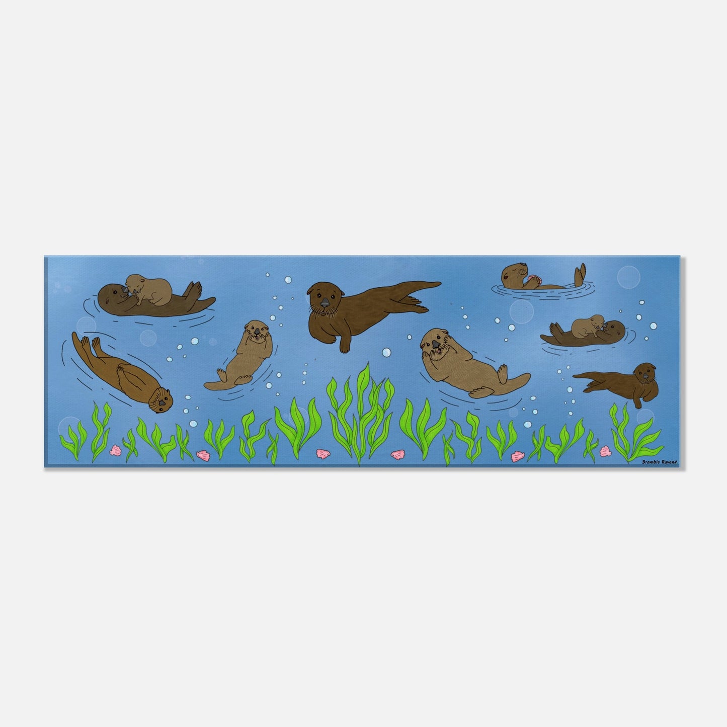 8 by 24 inch slim canvas wall art print of sea otters swimming along the seabed. Hanging hardware included for easy installation.