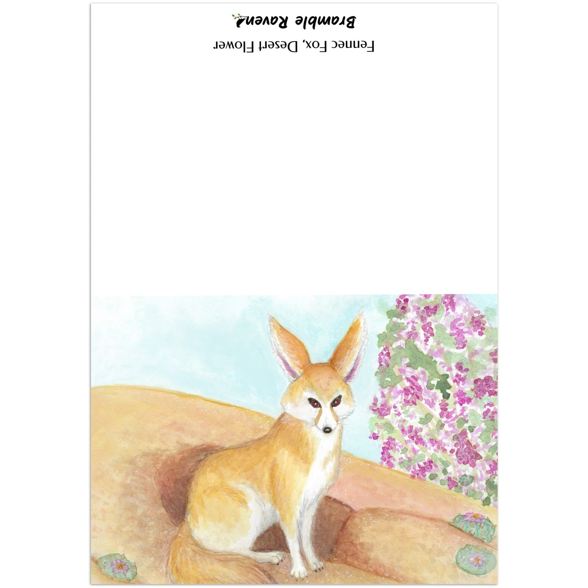 Pack of ten 5 x 7 inch greeting cards. Features watercolor print of fennec fox near it's den in the desert by a jacaranda tree on the front. Inside is blank. Made of coated paperboard. Comes with envelopes.
