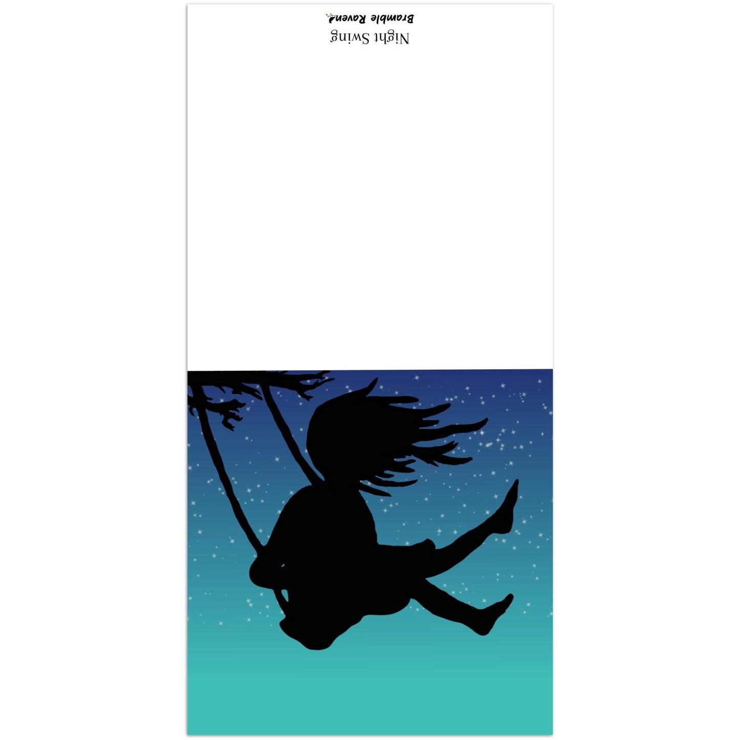 Pack of ten 5.25 by 5.25 inch Night Swing greeting cards and envelopes. Front shows silhouette of a girl in a tree swing against a starry summer night sky. Inside is blank. 