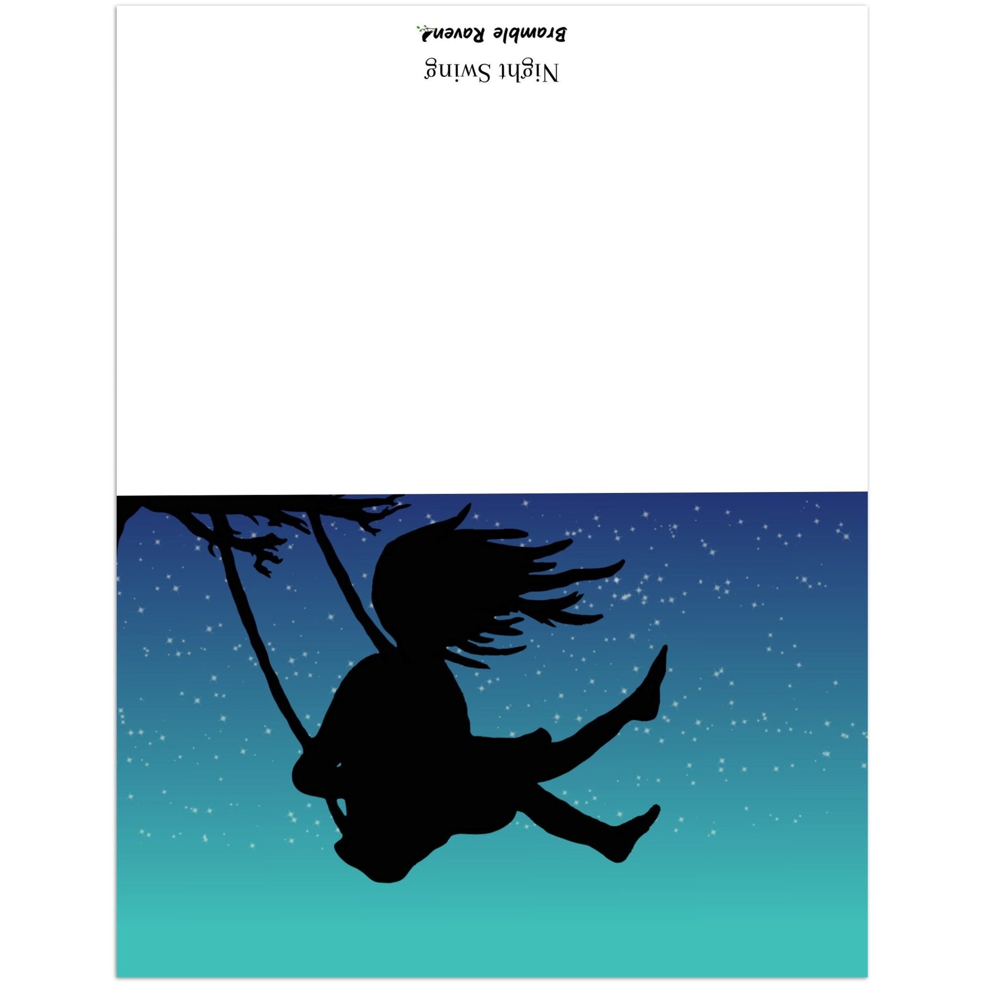 Pack of ten 5.5 by 8.5 inch Night Swing greeting cards and envelopes. Front shows silhouette of a girl in a tree swing against a starry summer night sky. Inside is blank. 