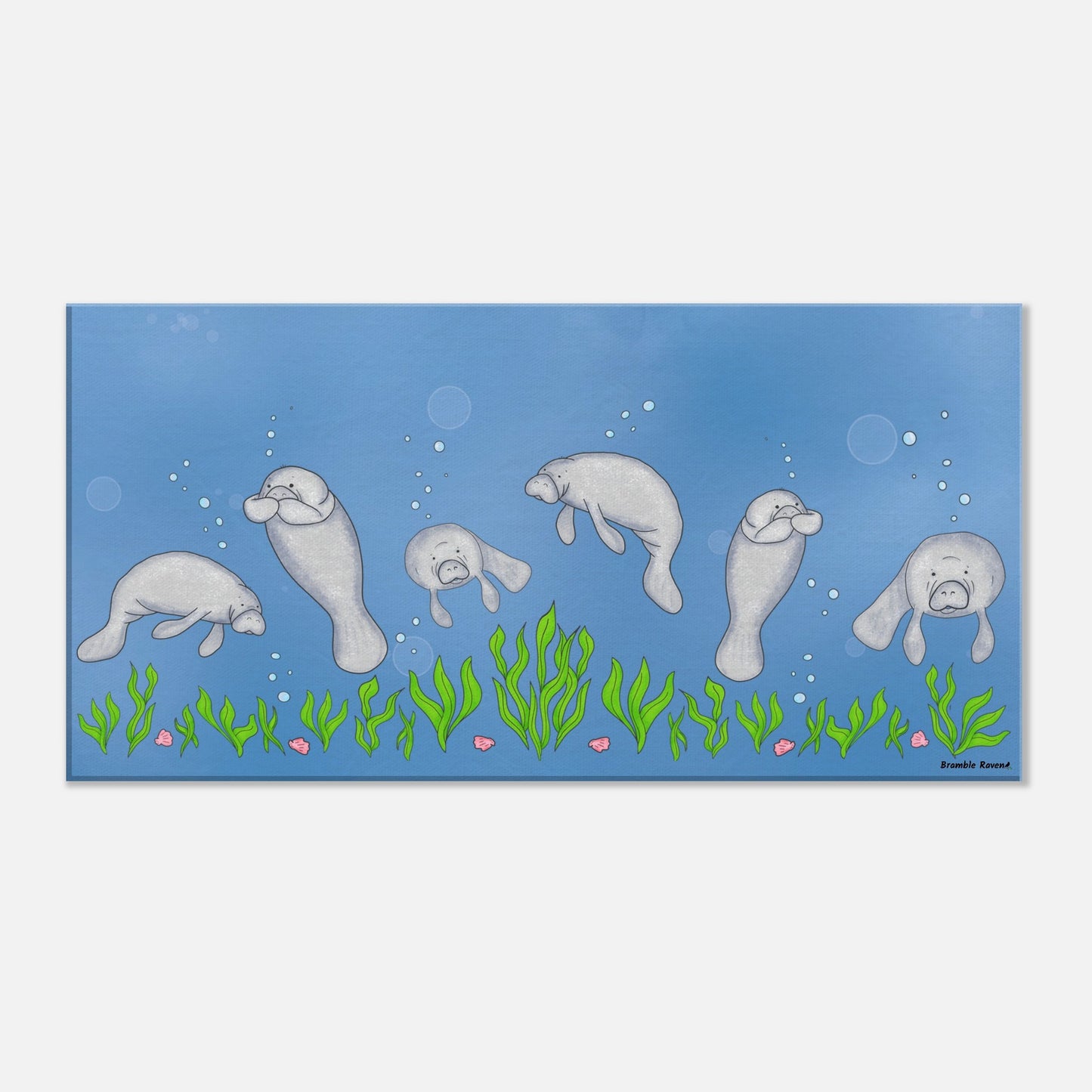 20 by 40 inch slim canvas wall art print featuring cute illustrated manatees swimming above the seabed. Hanging hardware included.