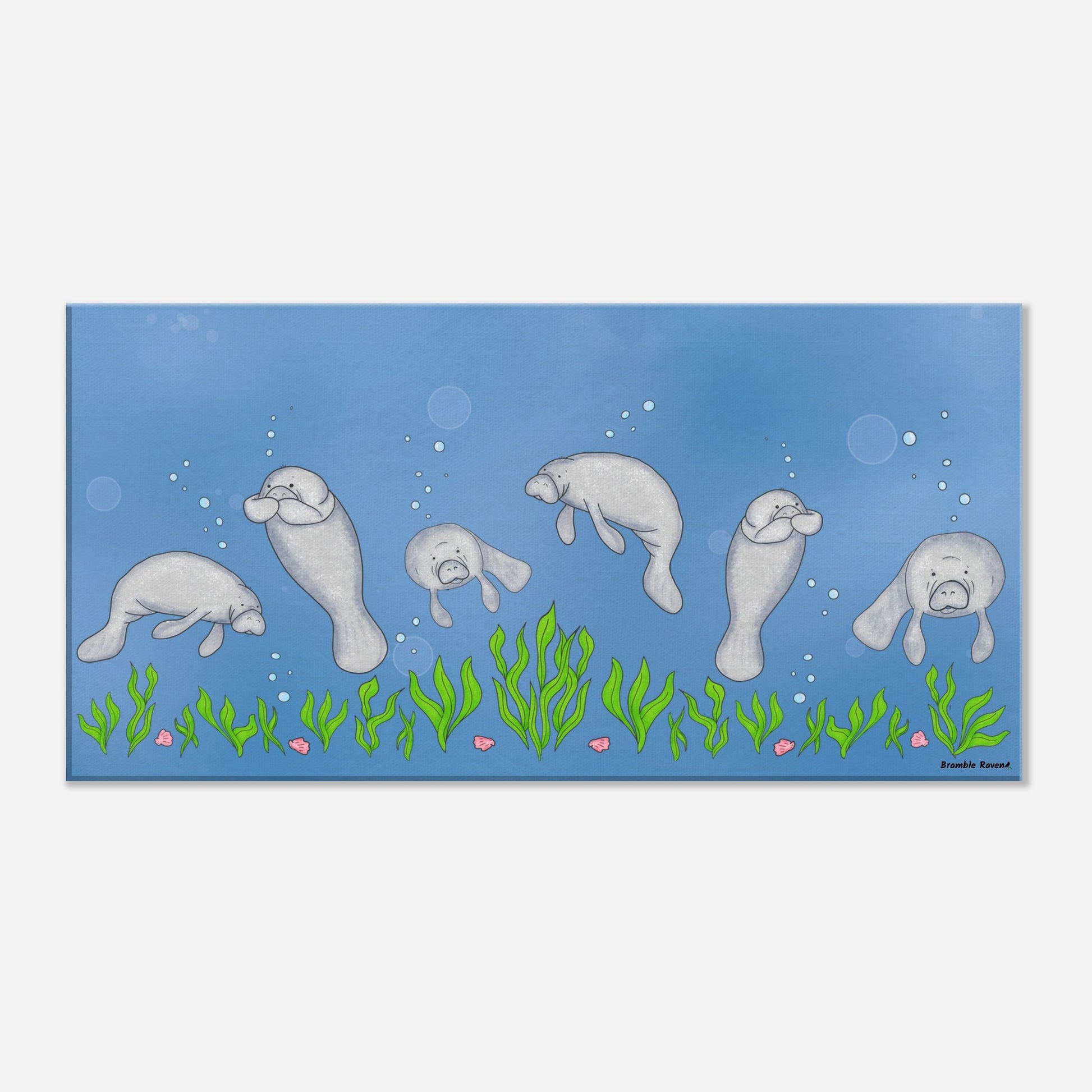 20 by 40 inch slim canvas wall art print featuring cute illustrated manatees swimming above the seabed. Hanging hardware included.