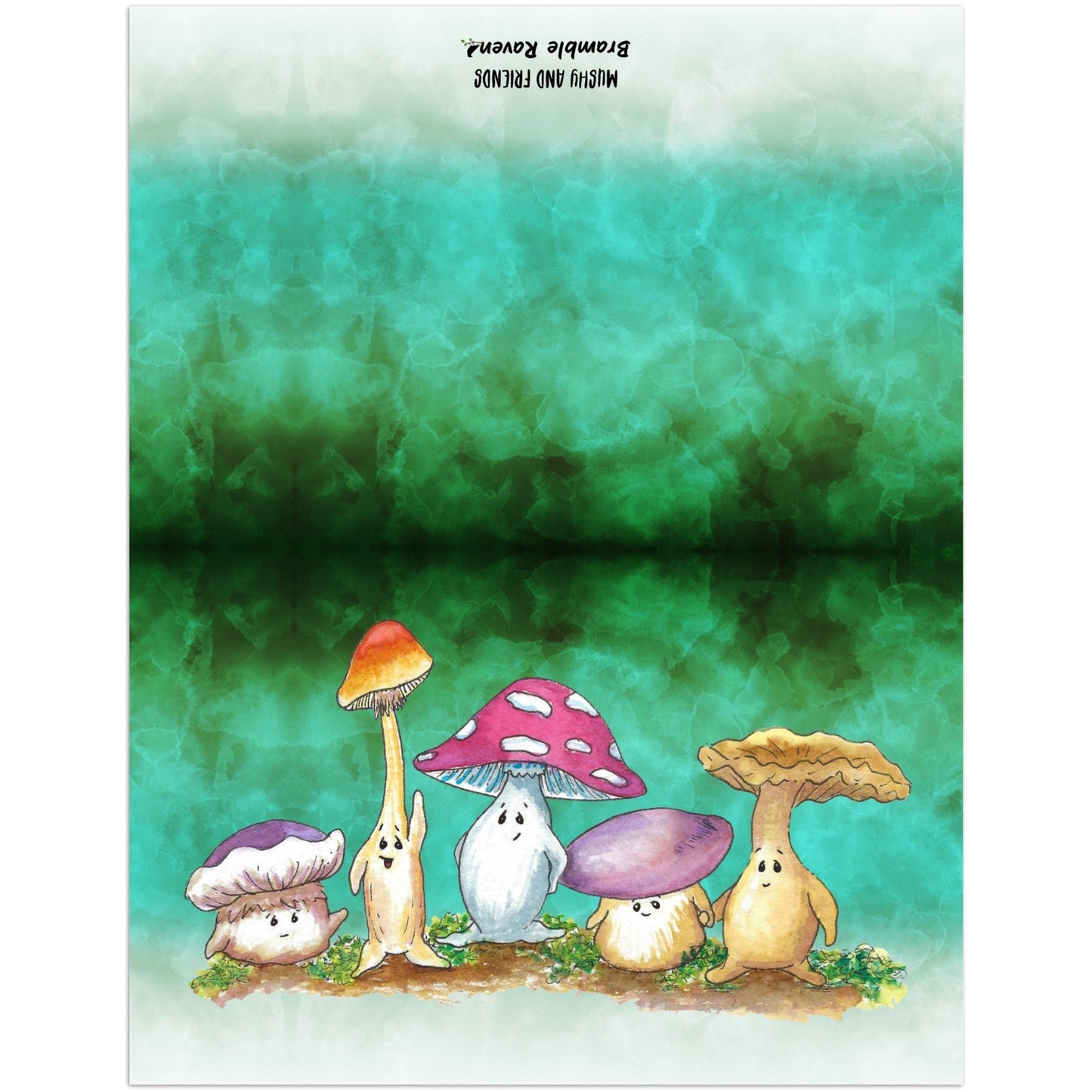 A pack of ten greeting cards and envelopes.  Each card is 5.5  by 8.5 inches. The front features Mushy and his whimsical mushroom friends on a green gradient background. The inside has a slim green border and plenty of room for your message.