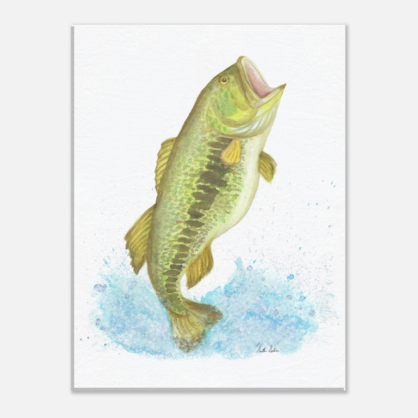 12 by 16 inch slim canvas wall art print featuring a watercolor painting of a largemouth bass leaping from the water. Hanging hardware included.