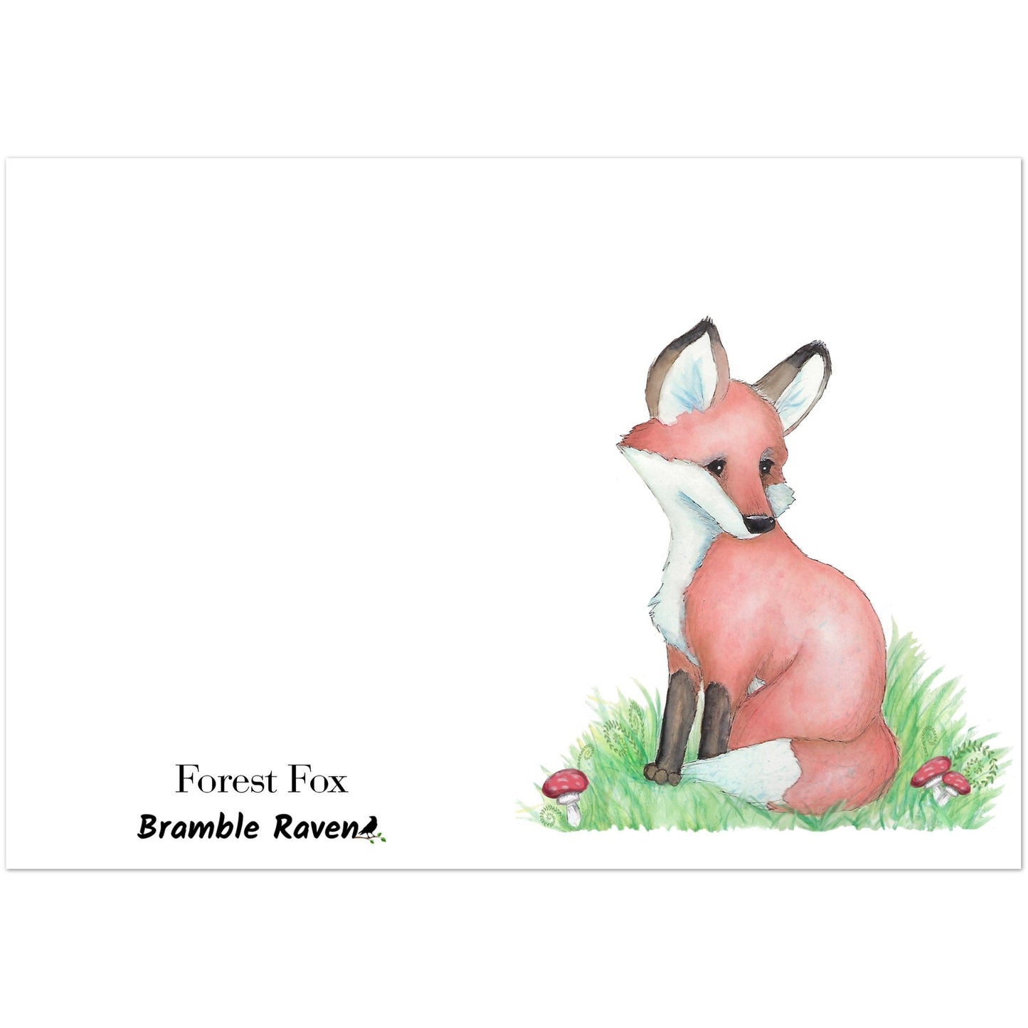Pack of ten 5 x 7 inch greeting cards with envelopes. Front of card has watercolor fox nestled in the grass by mushrooms and ferns. Inside is blank. Cards are 130 lb 350 gsm coated paperboard with vibrant printing.  