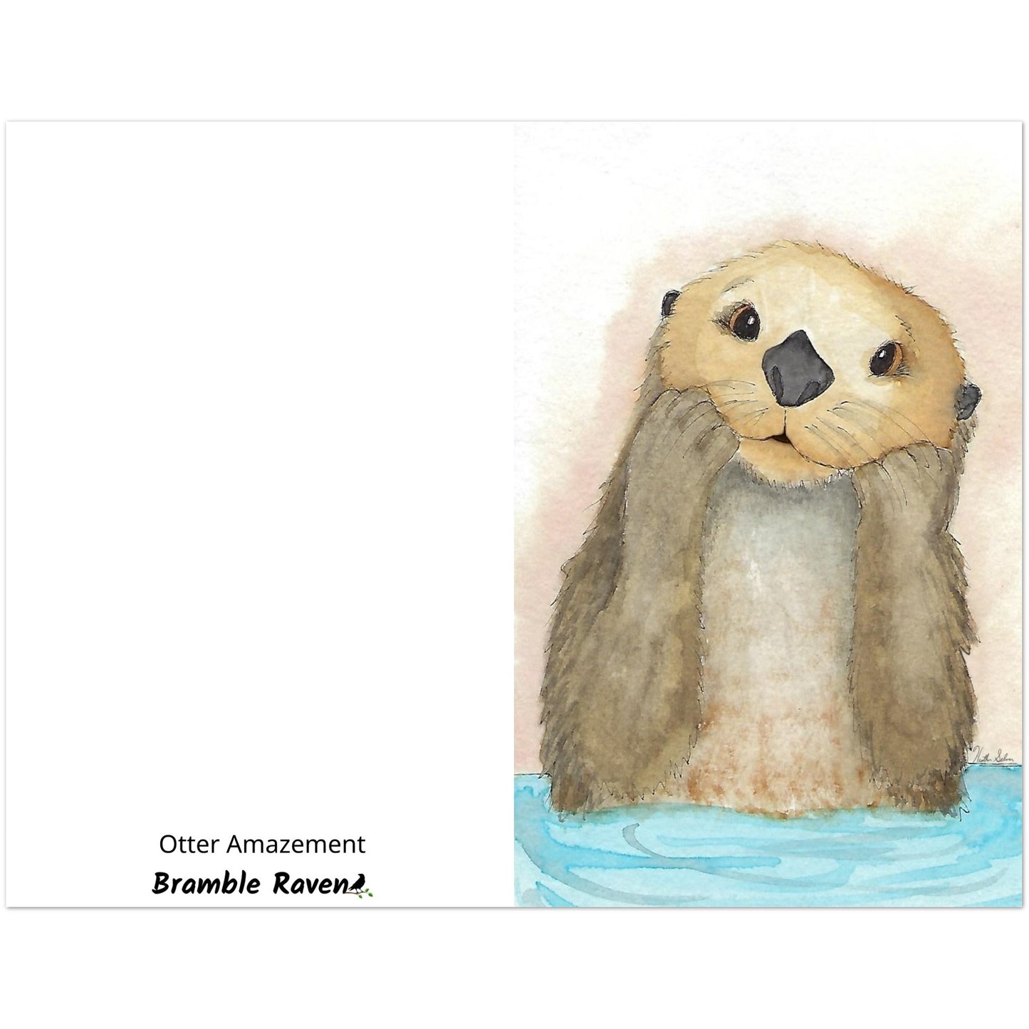 Pack of ten 5.5 x 8.5 inch greeting cards. Features watercolor print of a playful sea otter on the front. Inside is blank. Made of coated paperboard. Comes with envelopes.
