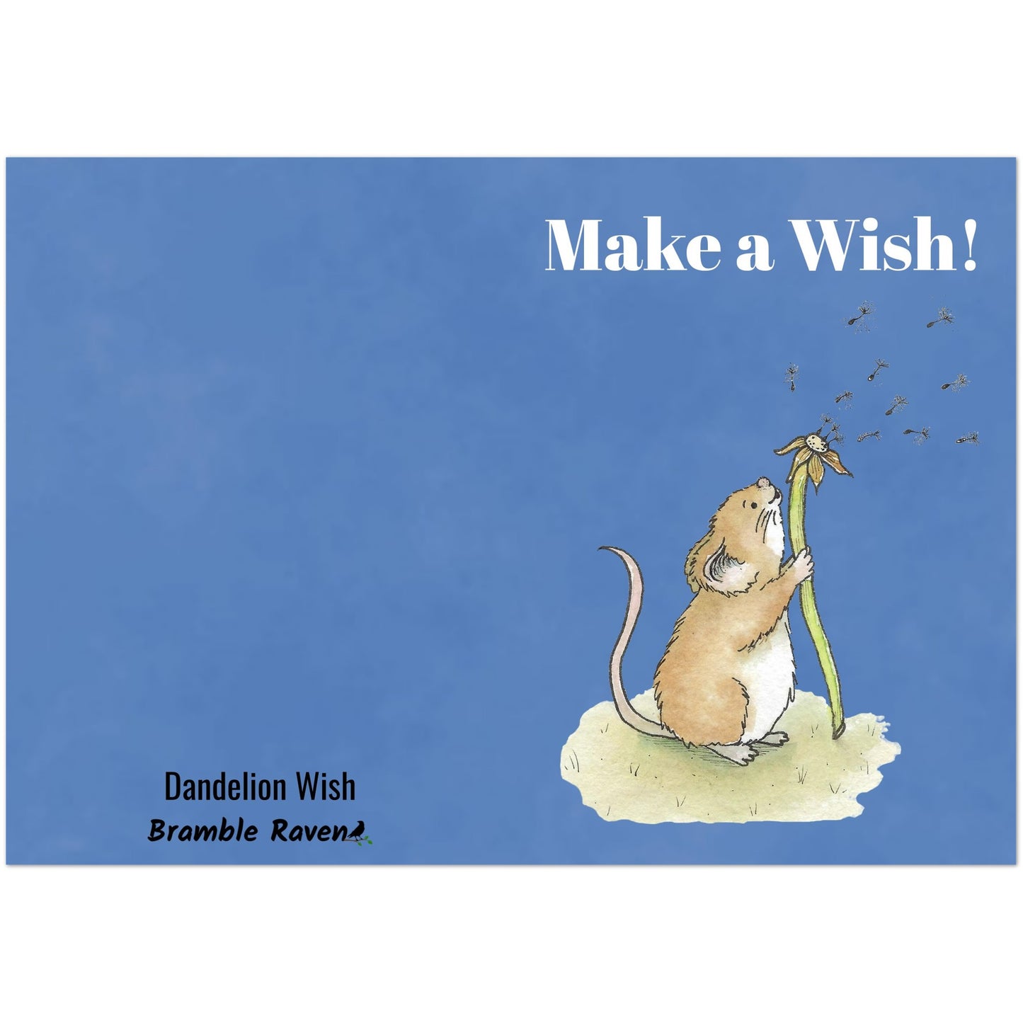 Ten fun greeting cards with envelopes. The front features white "Make a wish!" text and our watercolor dandelion wish mouse on a blue background. Inside is blank. Made with thick 350 gsm 150lb coated paperboard with vibrant printing.  Cards measure 5 by 7 inches.