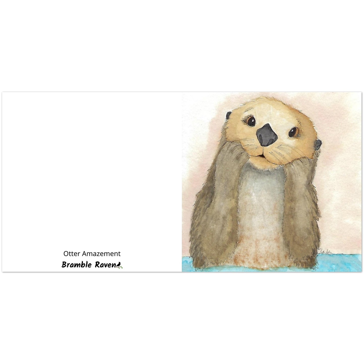 Pack of ten 5.25 x 5.25 inch greeting cards. Features watercolor print of a playful sea otter on the front. Inside is blank. Made of coated paperboard. Comes with envelopes.