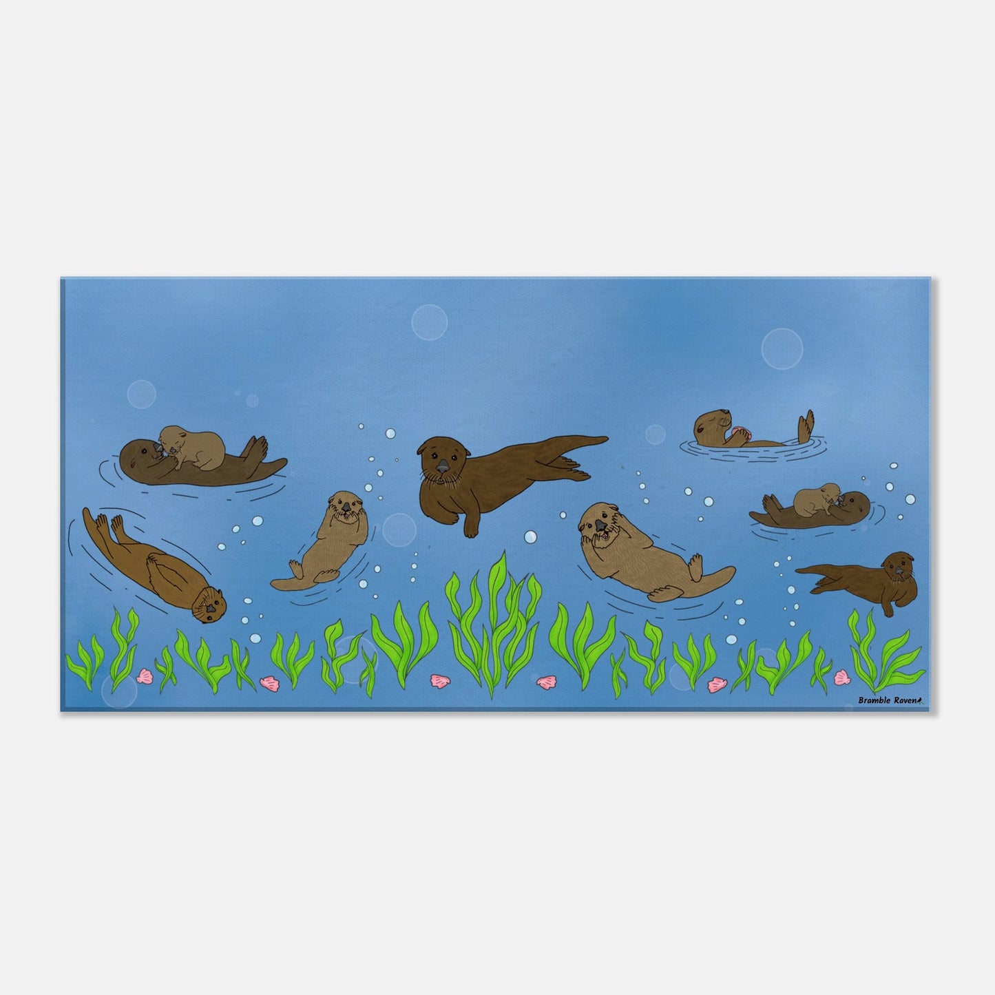 16 by 32 inch slim canvas wall art print of sea otters swimming along the seabed. Hanging hardware included for easy installation.