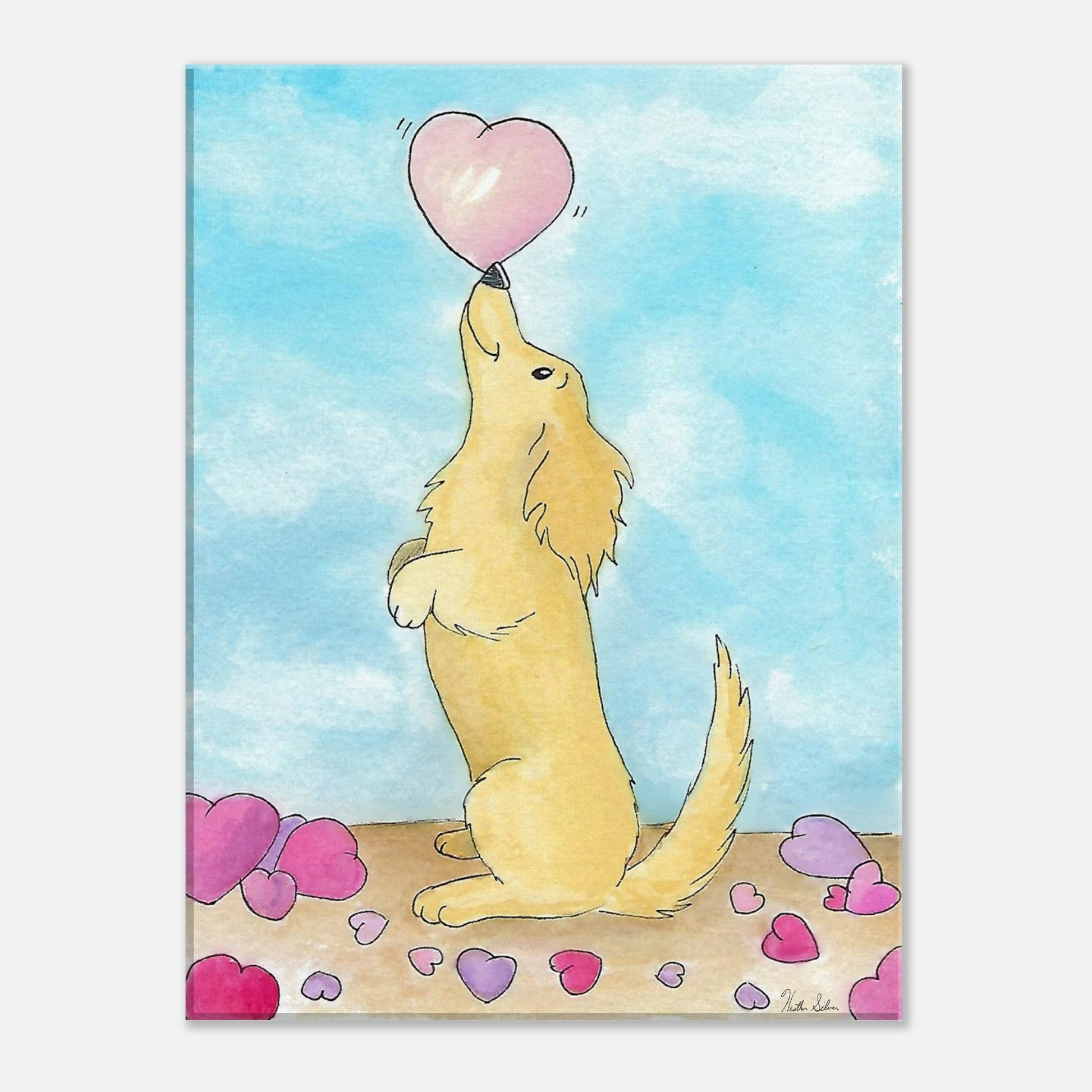 16 by 20 inch canvas wall art print of Heather Silver's watercolor painting, Puppy Love. It features a cute dog balancing a pink heart on its nose against a blue sky background.