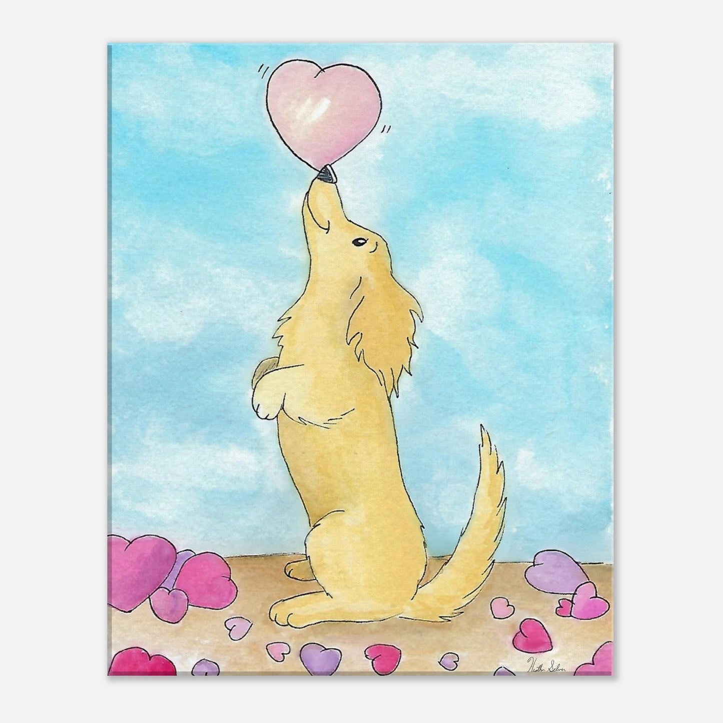 8 by 10 inch canvas wall art print of Heather Silver's watercolor painting, Puppy Love. It features a cute dog balancing a pink heart on its nose against a blue sky background.