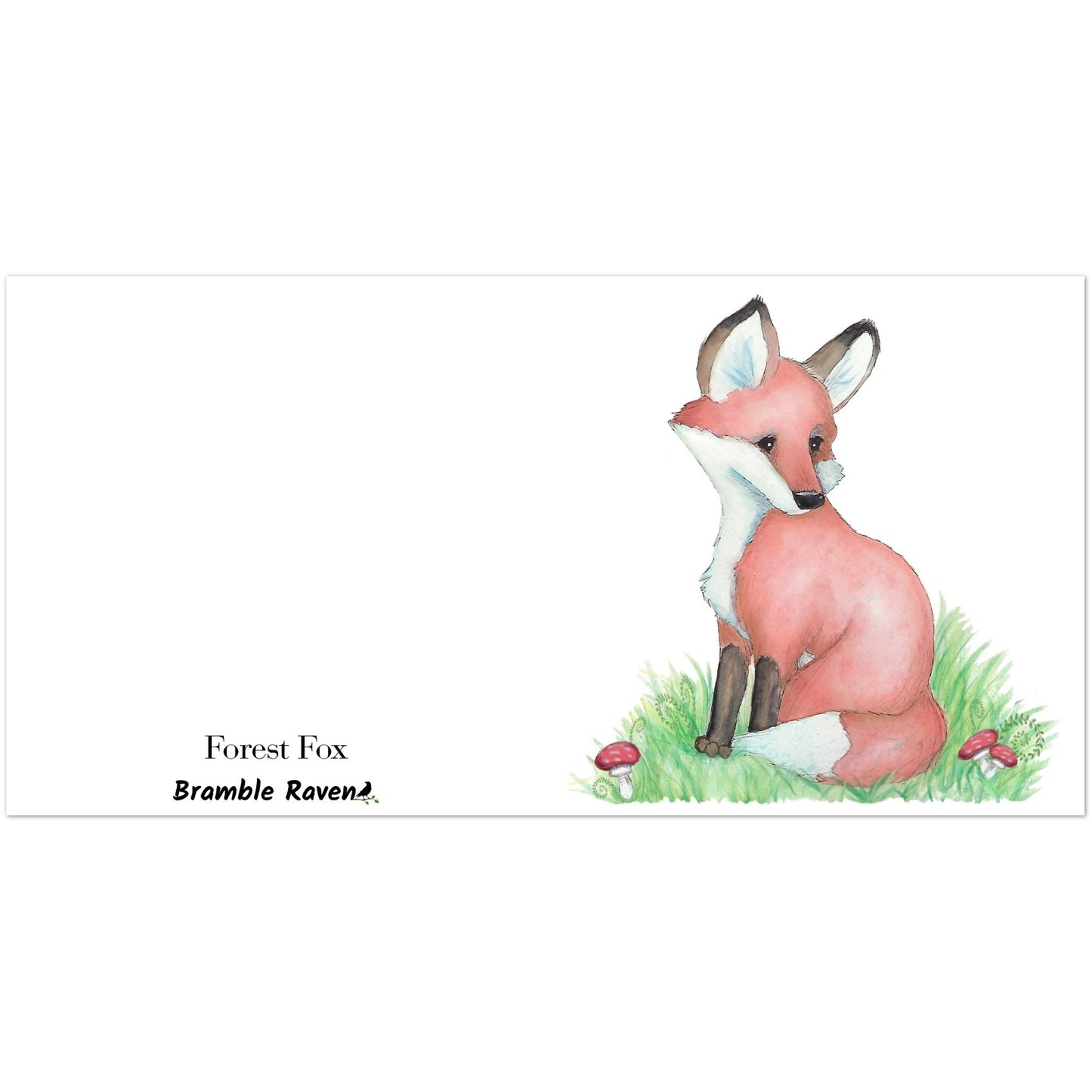 Pack of ten 5.25 x 5.25 inch greeting cards with envelopes. Front of card has watercolor fox nestled in the grass by mushrooms and ferns. Inside is blank. Cards are 130 lb 350 gsm coated paperboard with vibrant printing.  