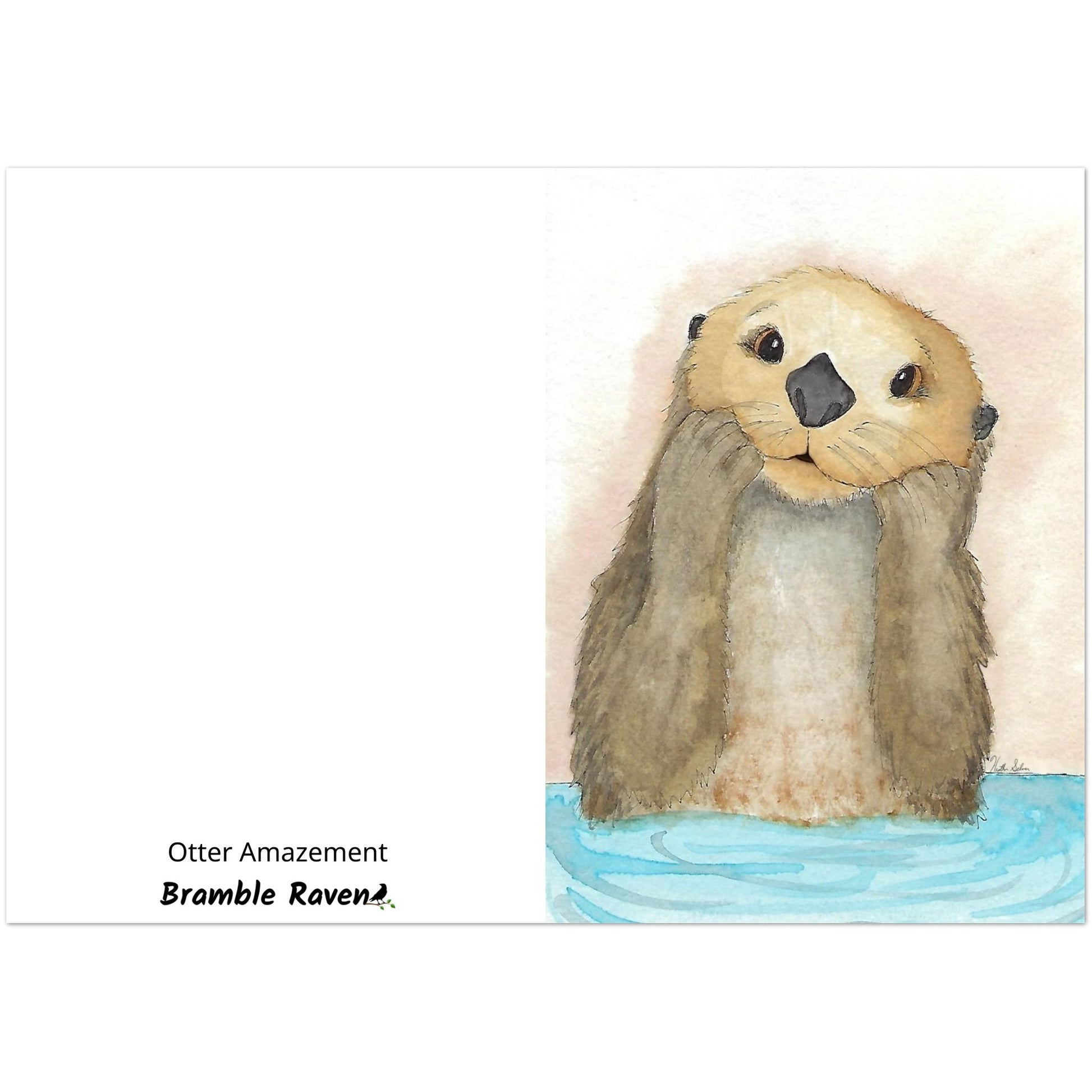 Pack of ten 5 x 7 inch greeting cards. Features watercolor print of a playful sea otter on the front. Inside is blank. Made of coated paperboard. Comes with envelopes.