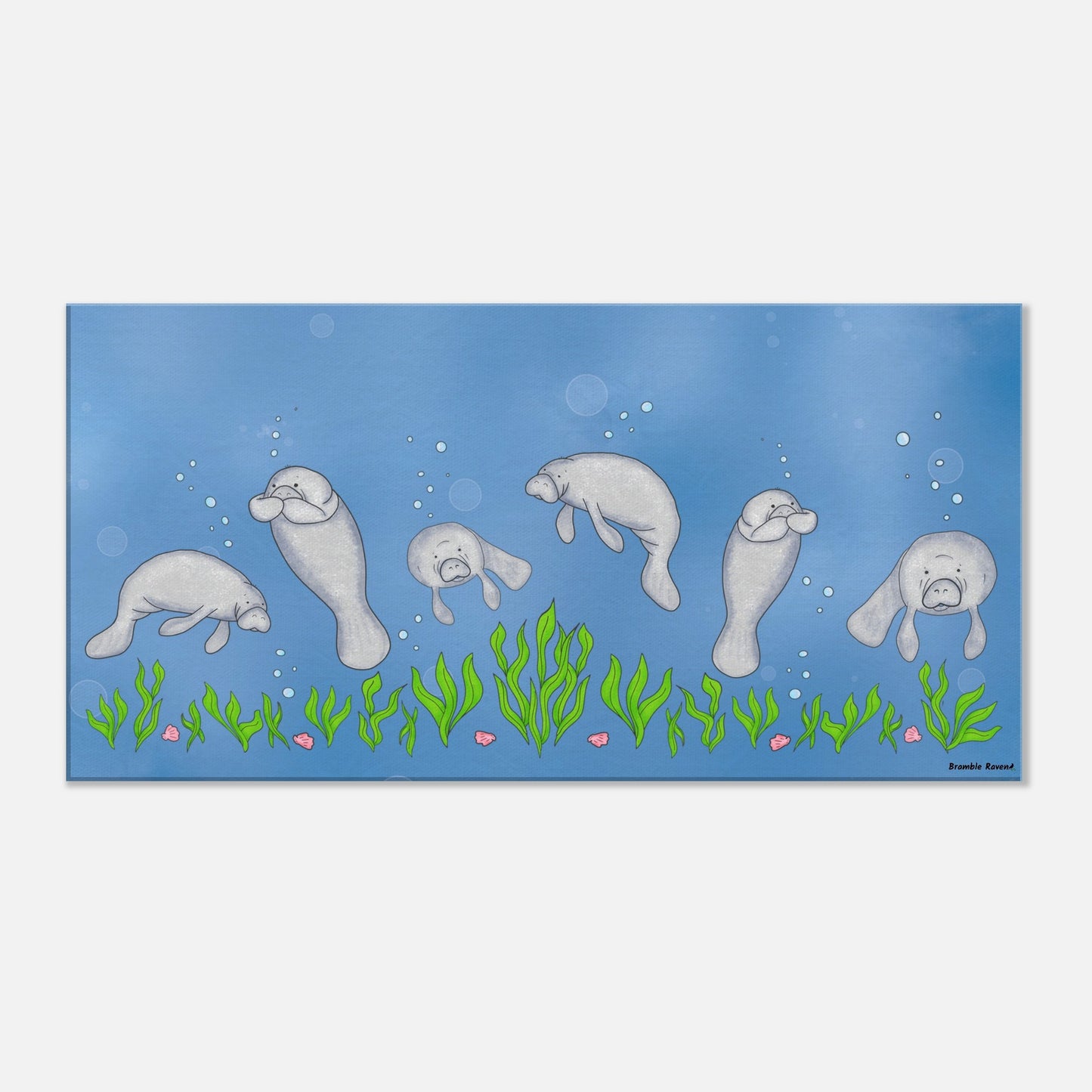 12 by 24 inch slim canvas wall art print featuring cute illustrated manatees swimming above the seabed. Hanging hardware included.