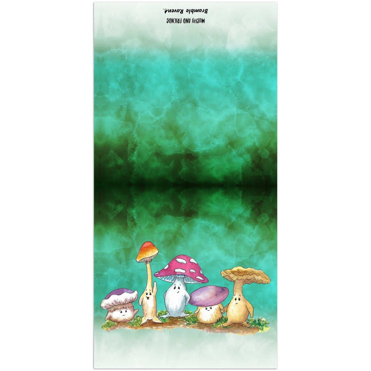 A pack of ten greeting cards and envelopes.  Each card is 5.5  by 5.5 inches. The front features Mushy and his whimsical mushroom friends on a green gradient background. The inside has a slim green border and plenty of room for your message.