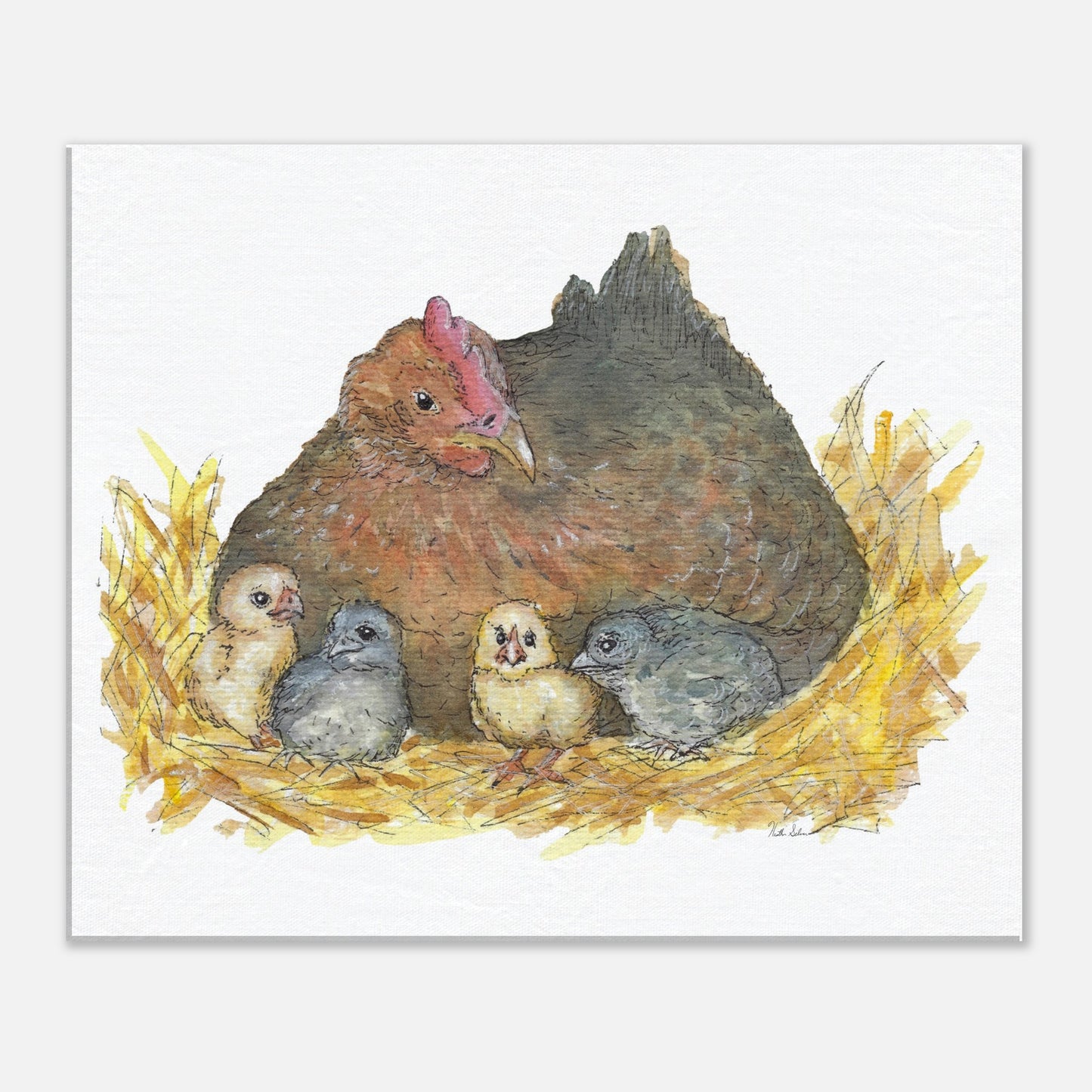 11 by 14 inch slim canvas Mother Hen print. Features a watercolor mother hen and her four chicks in a nest.