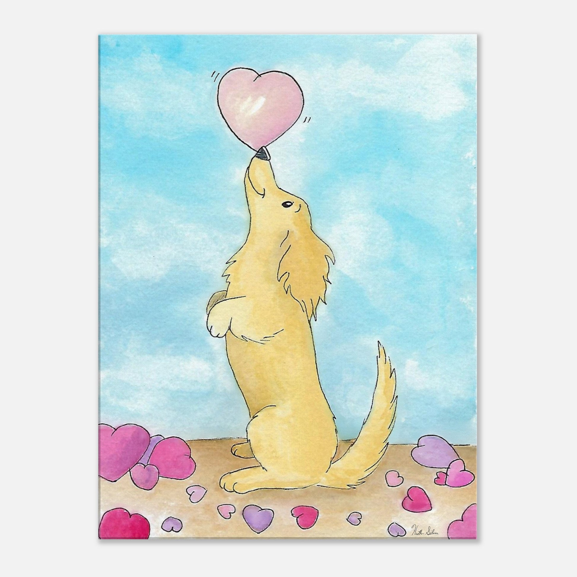 24 by 32 inch canvas wall art print of Heather Silver's watercolor painting, Puppy Love. It features a cute dog balancing a pink heart on its nose against a blue sky background.