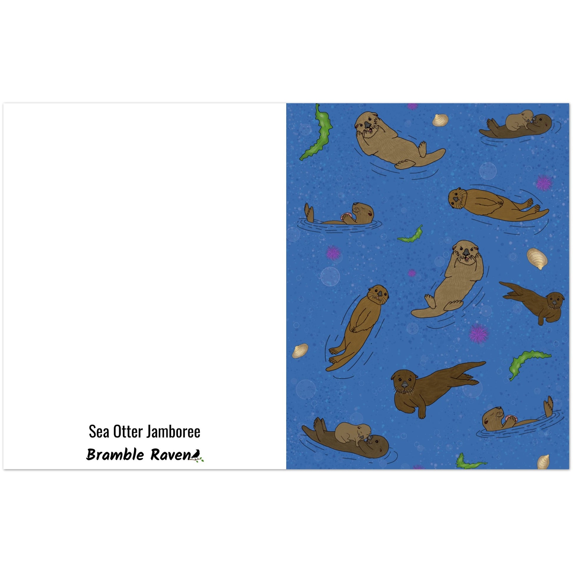 Pack of ten 4.25 x 5.5 inch greeting cards. Features illustrated sea otters on the front. Inside is blank. Made of coated paperboard. Comes with envelopes.