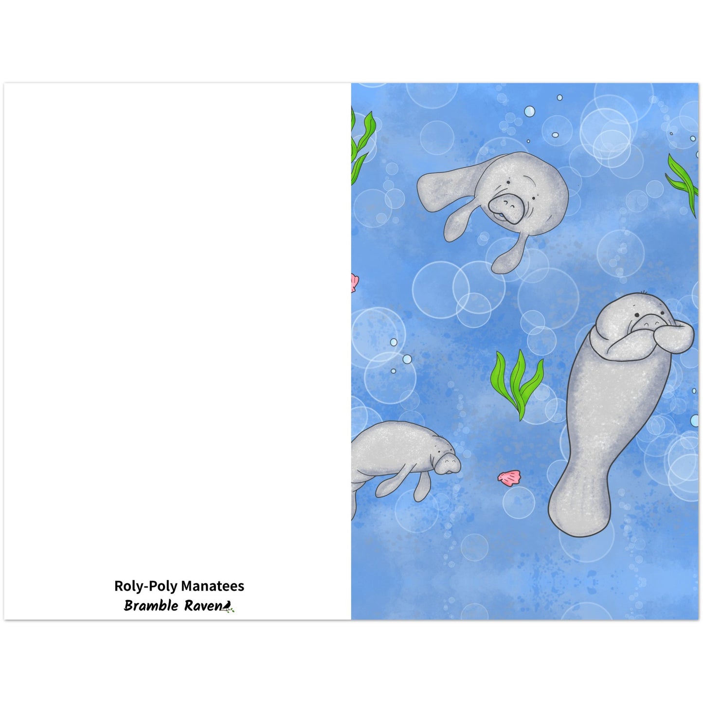 Pack of ten 5.5 x 8.5 inch greeting cards. Features illustrated roly-poly manatees on the front. Inside is blank. Made of coated paperboard. Comes with envelopes.