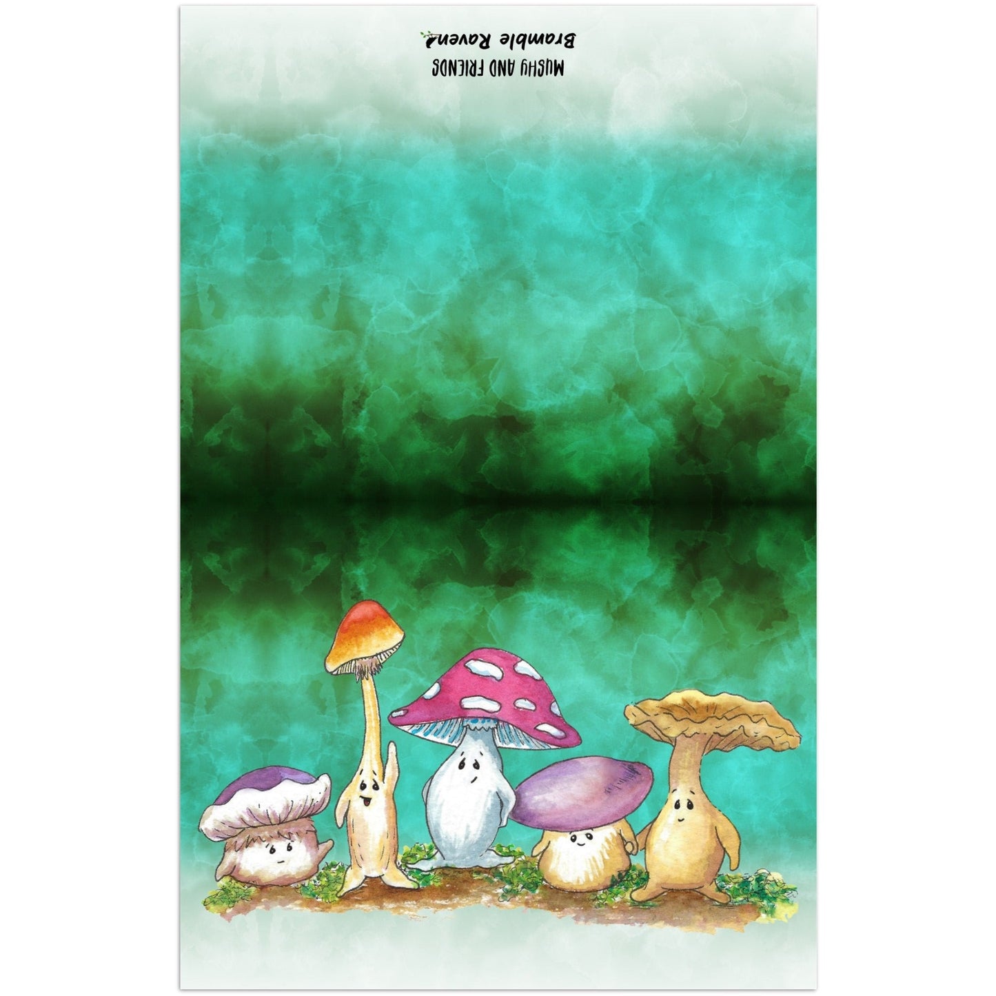 A pack of ten greeting cards and envelopes.  Each card is 4.25  by 5.5 inches. The front features Mushy and his whimsical mushroom friends on a green gradient background. The inside has a slim green border and plenty of room for your message.