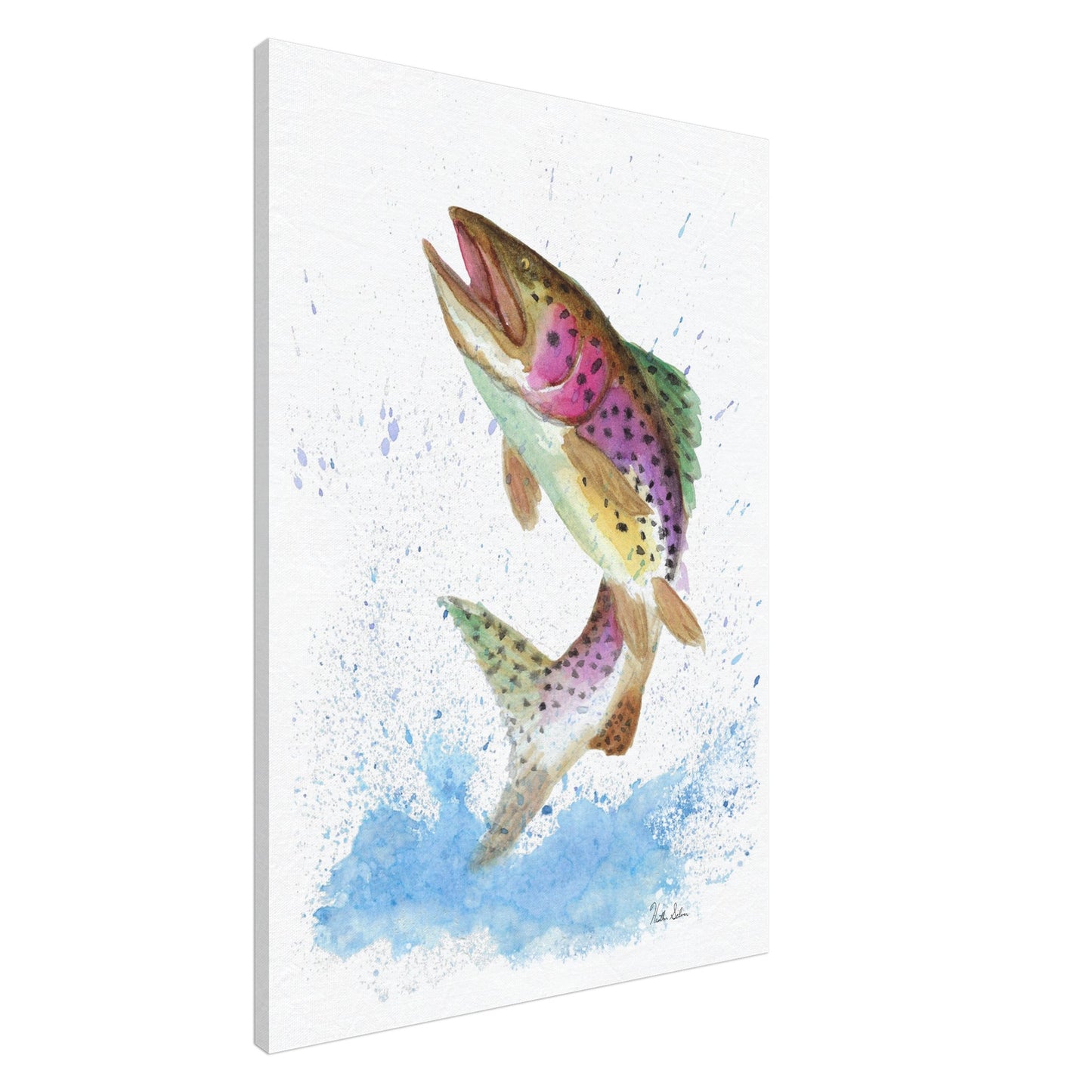 28 by 40 inch slim canvas wall art print featuring a watercolor painting of a rainbow trout leaping from the water. Shown at an angle.