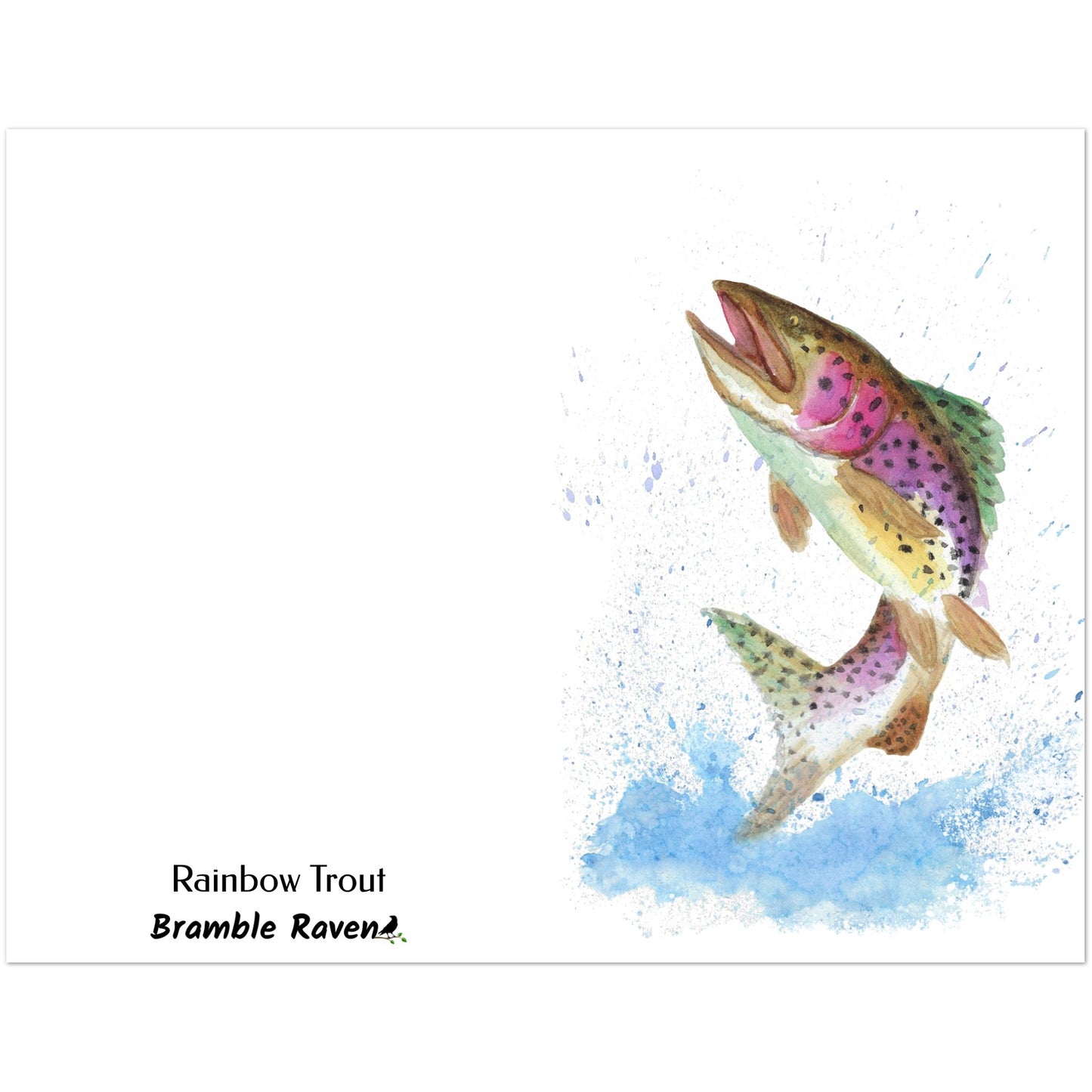 Ten greeting cards with print of watercolor rainbow trout on the front. Inside is blank. Comes with envelopes. Cards measure 5 by 7 inches. Made with 350 gsm 150lb coated paperboard with vibrant printing.