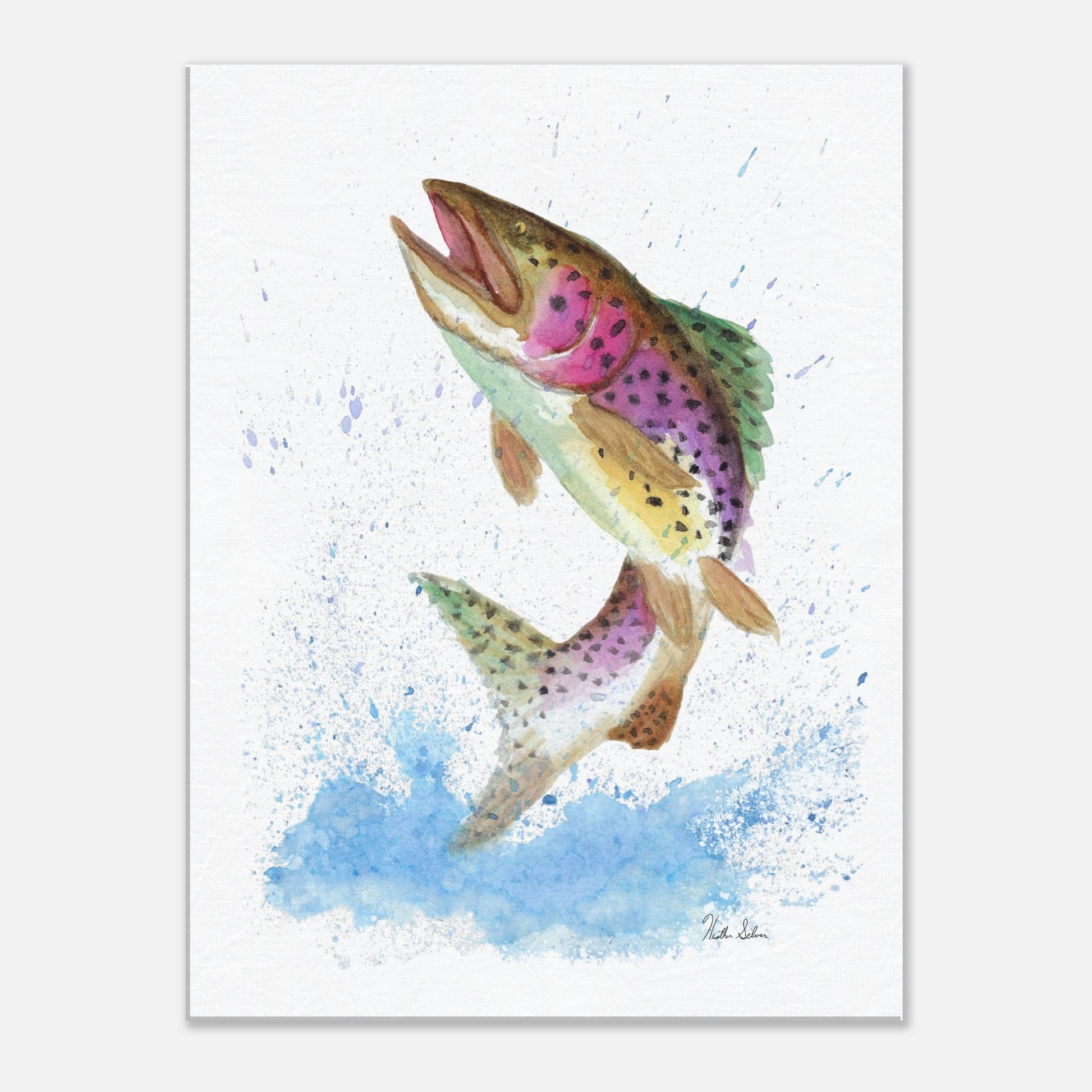 11 by 14 inch slim canvas wall art print featuring a watercolor painting of a rainbow trout leaping from the water. Hanging hardware included.