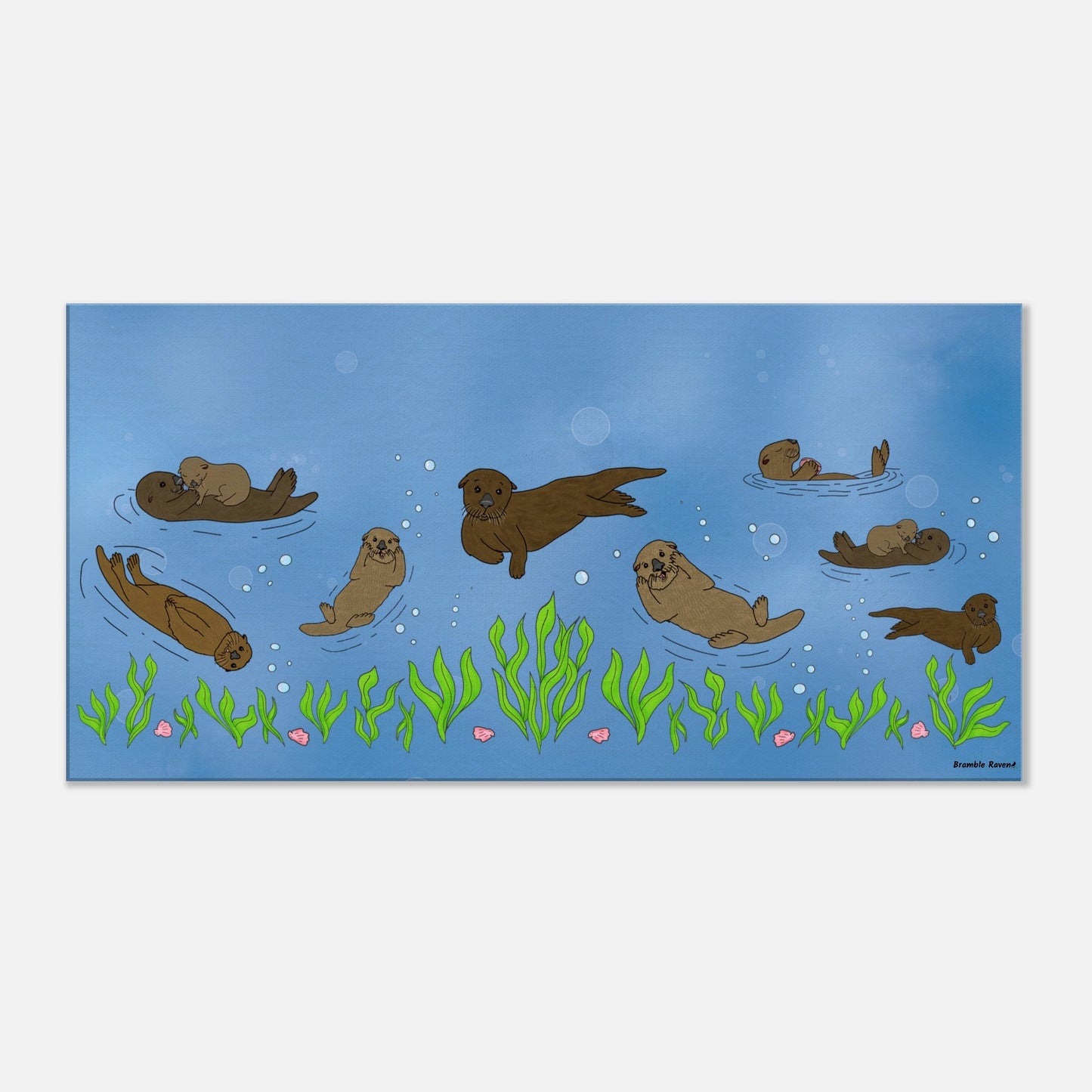20 by 40 inch slim canvas wall art print of sea otters swimming along the seabed. Hanging hardware included for easy installation.